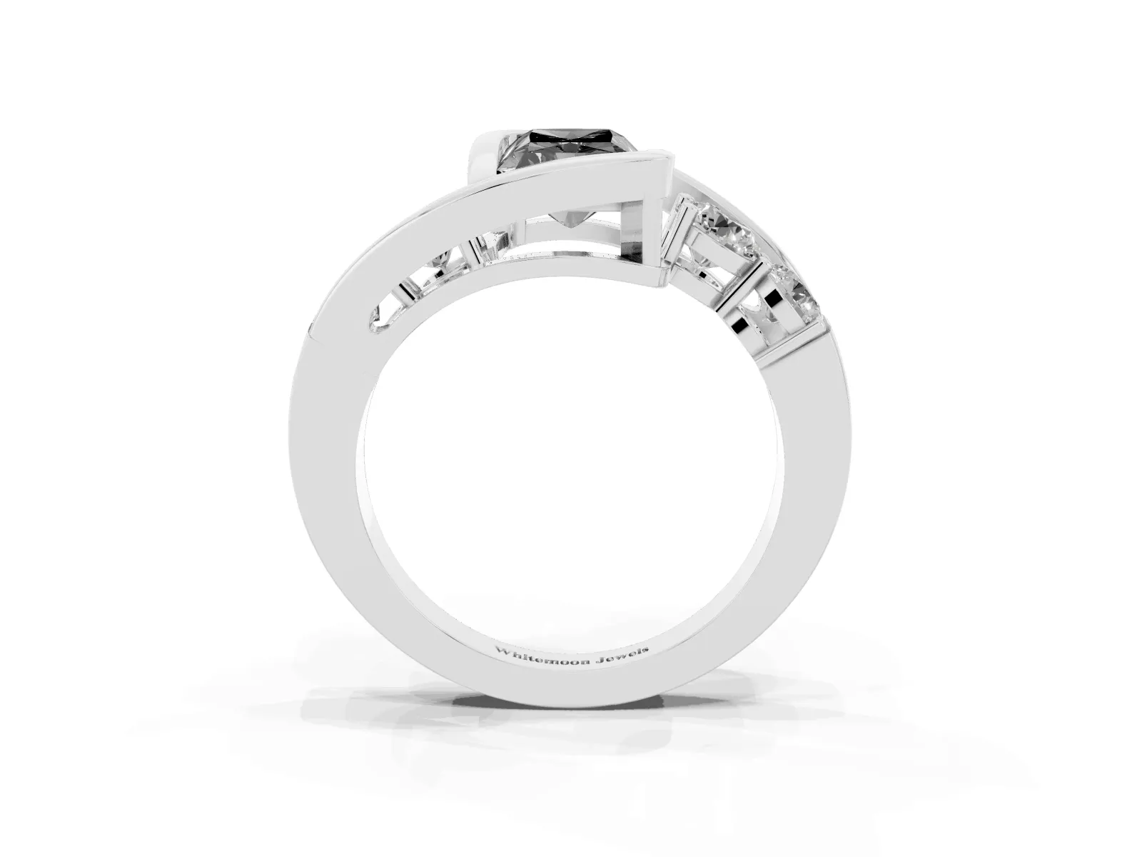 Fancy Black Bezel Set Radiant Cut Diamond Bypass Ring with Round Accents White gold