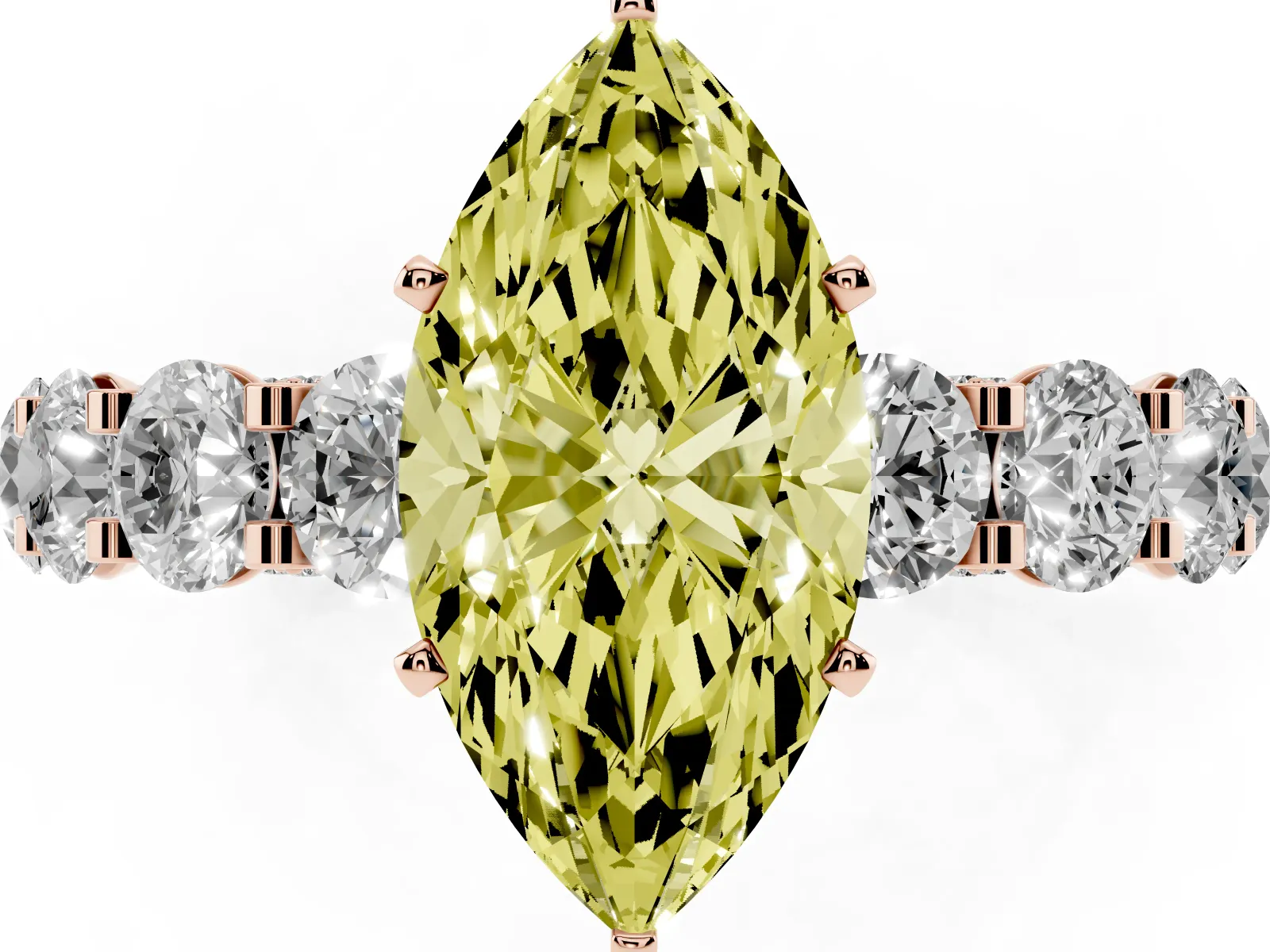 Fancy Yellow Marquise Cut Diamond Side Stone Engagement Ring with Four-Prong Setting Rose gold