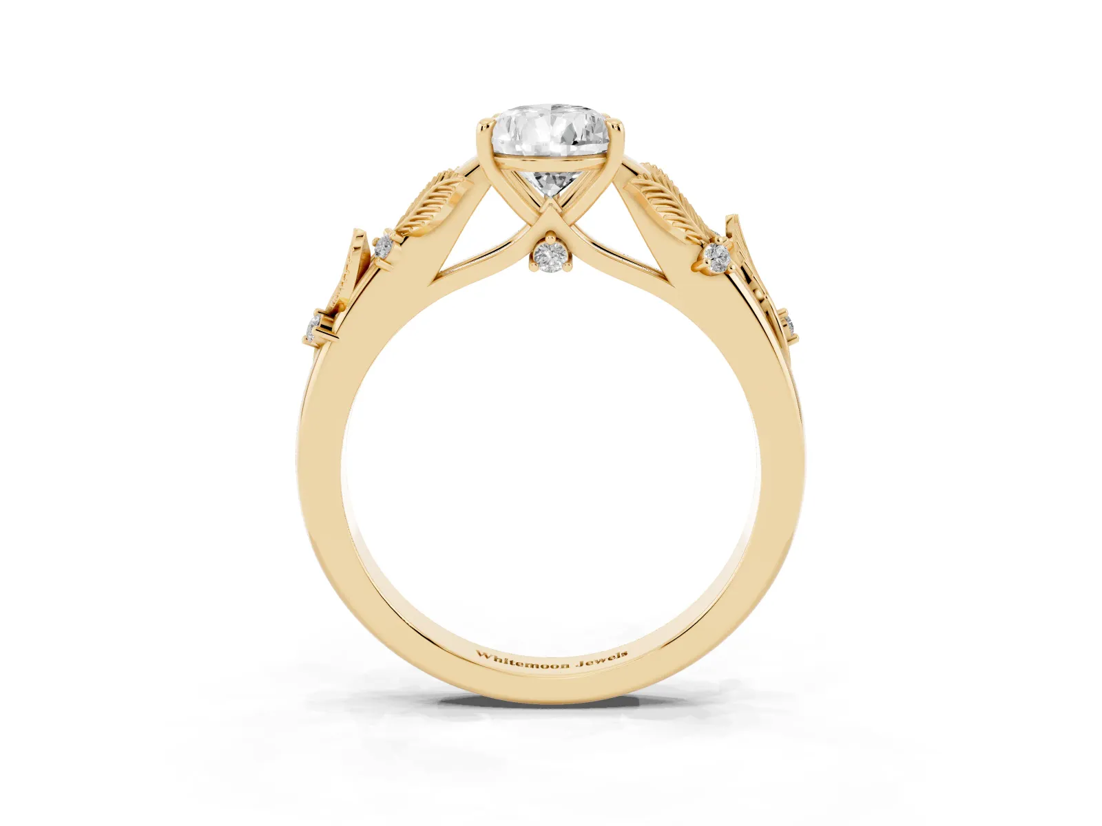 Pear Cut Diamond Solitaire Ring with Leaf Motif Band and Four-Prong Setting Yellow gold