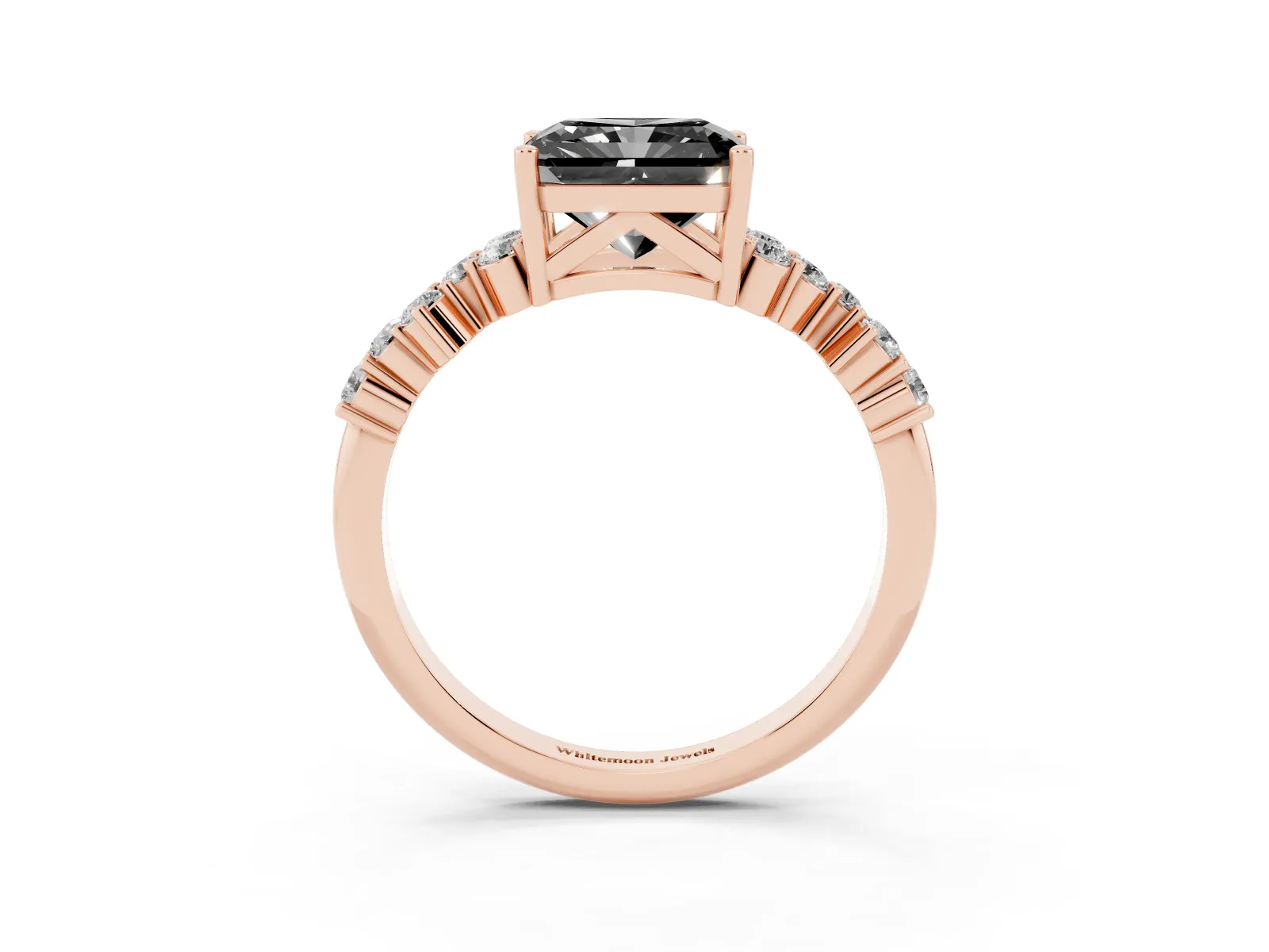 Fancy Black Radiant Cut Diamond Scattered Round Accent Ring with Prong Setting Rose gold