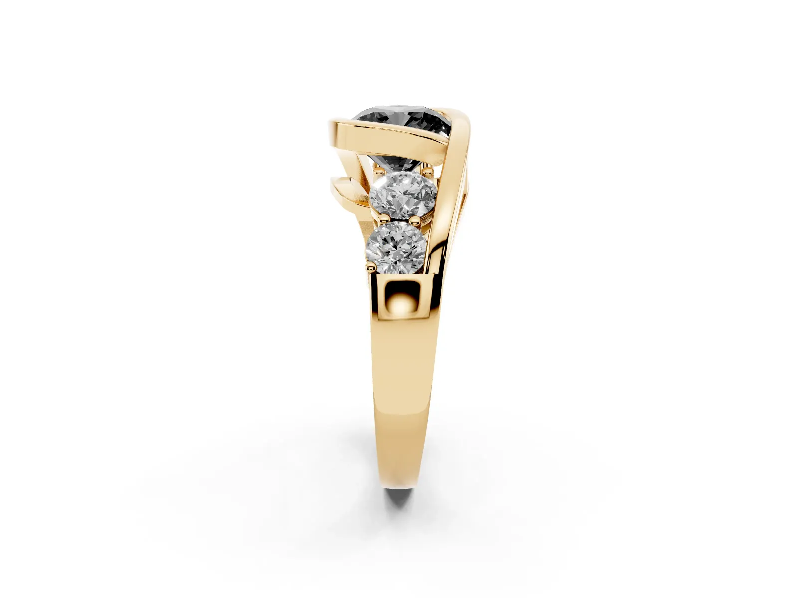 Fancy Black Bezel Set Cushion Cut Diamond Bypass Ring with Round Accents Yellow gold