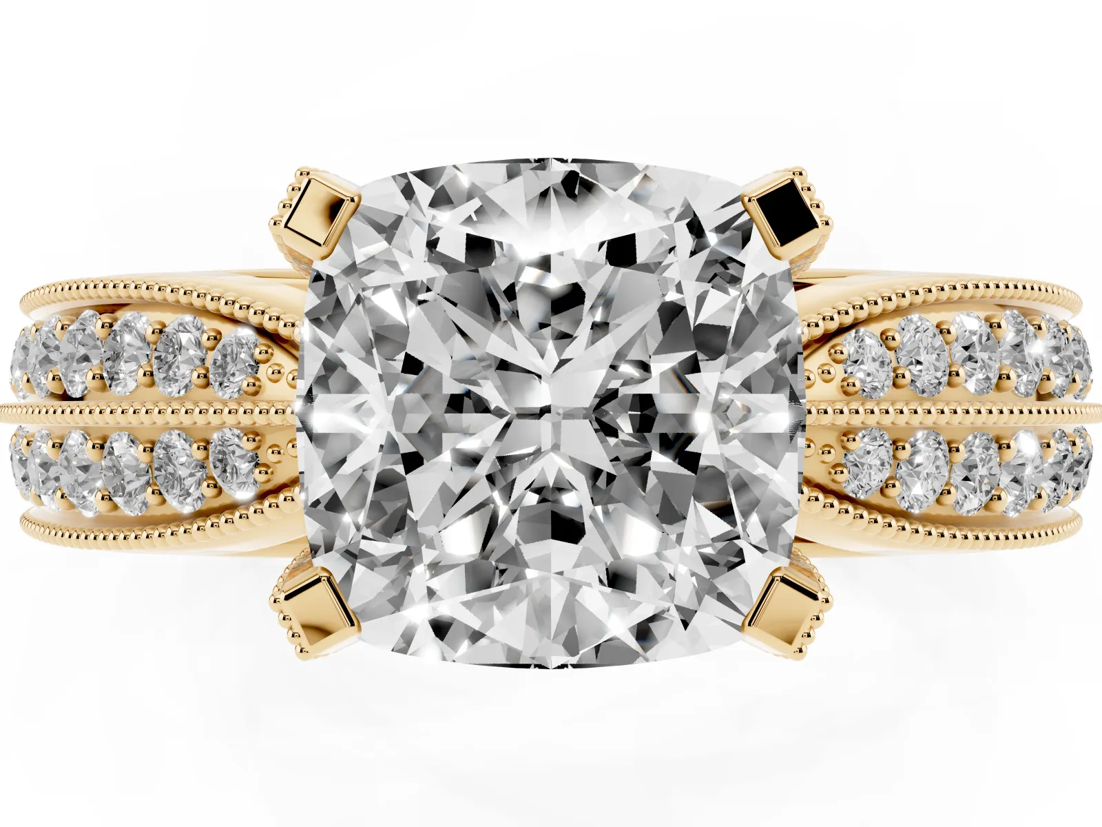 Cushion Cut Diamond Solitaire Ring with Milgrain Round Pavé Band and Prong Setting Yellow gold