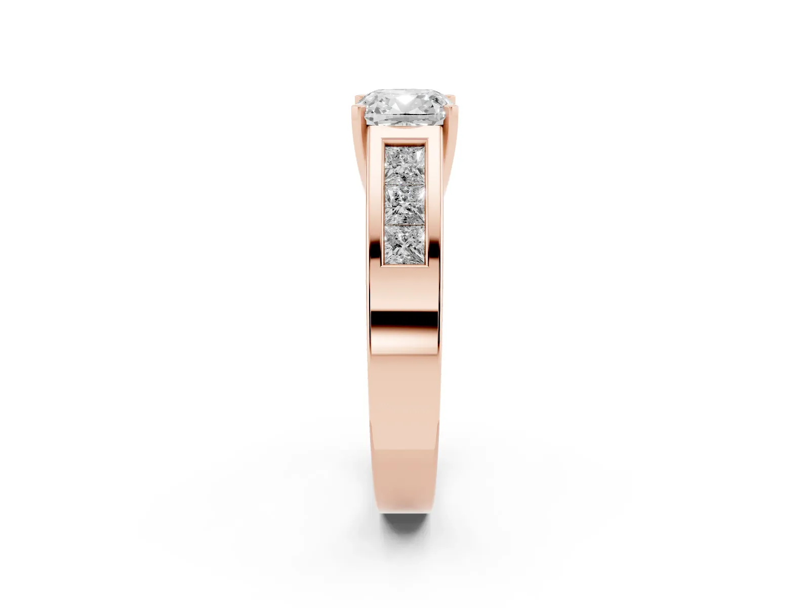 Cushion Cut Cut Channel Set Solitaire Ring with Four-Prong Setting Rose gold