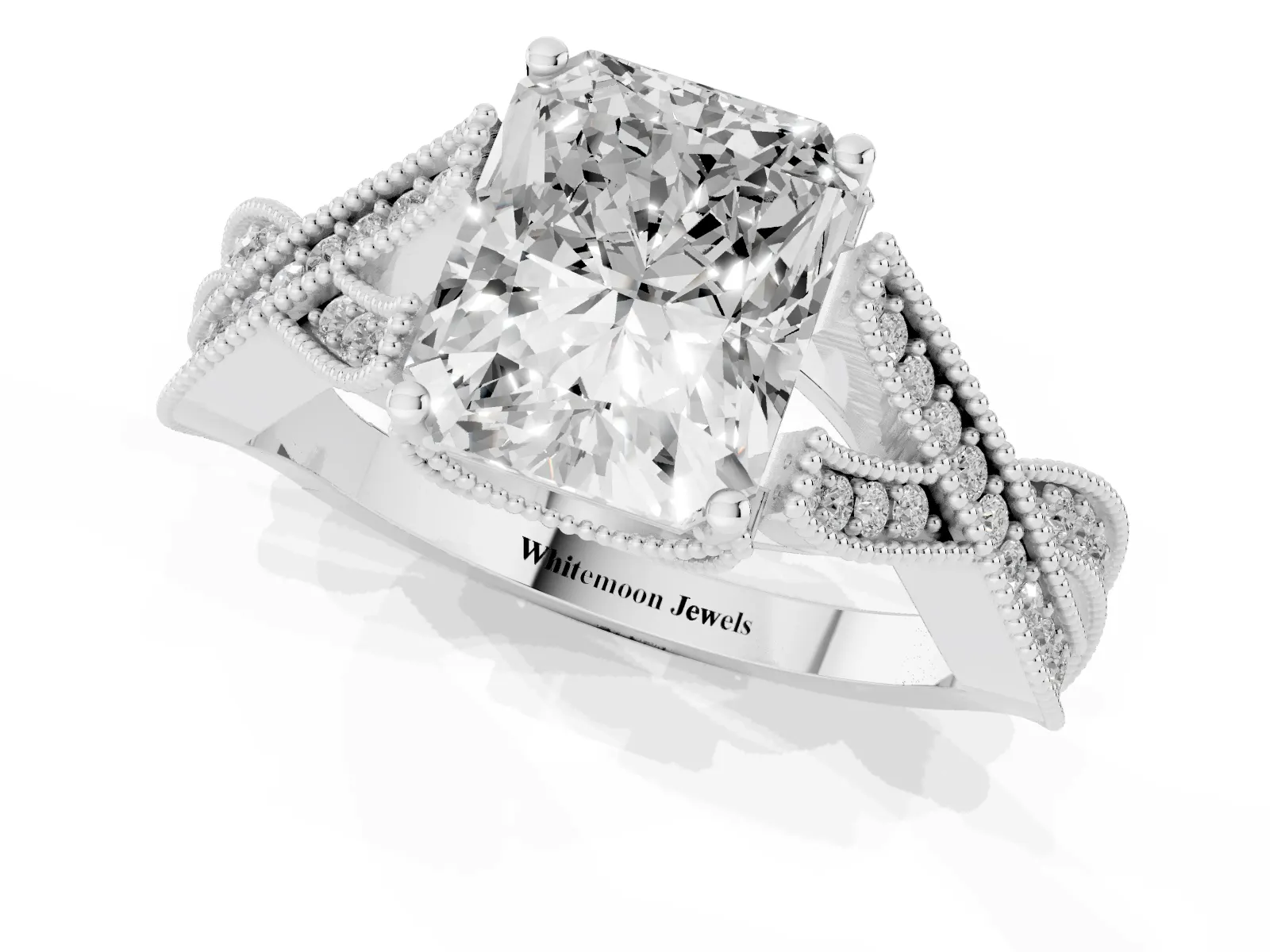 Radiant Cut Cut Diamond Twisted Band with Milgrain Pave Setting and Four-Prong Setting Platinum