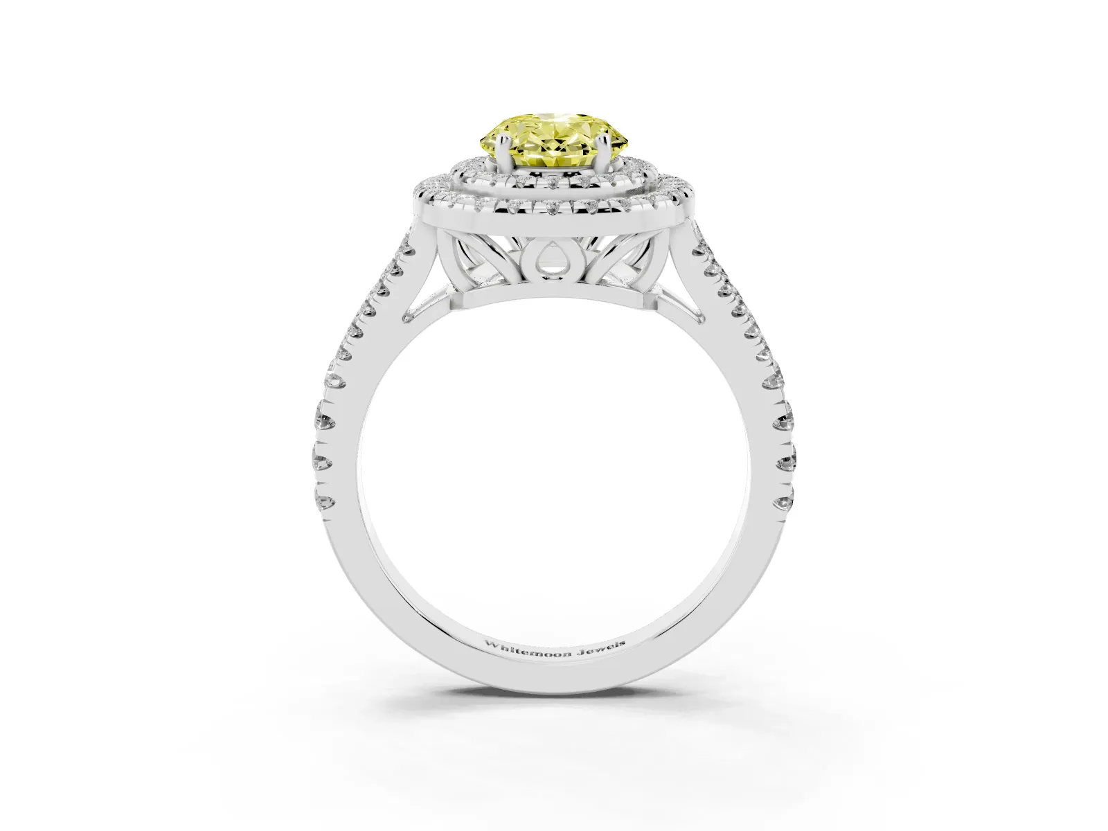 Fancy Yellow Oval Cut Diamond Double Halo Ring with Pavé Band and Prong Setting Platinum