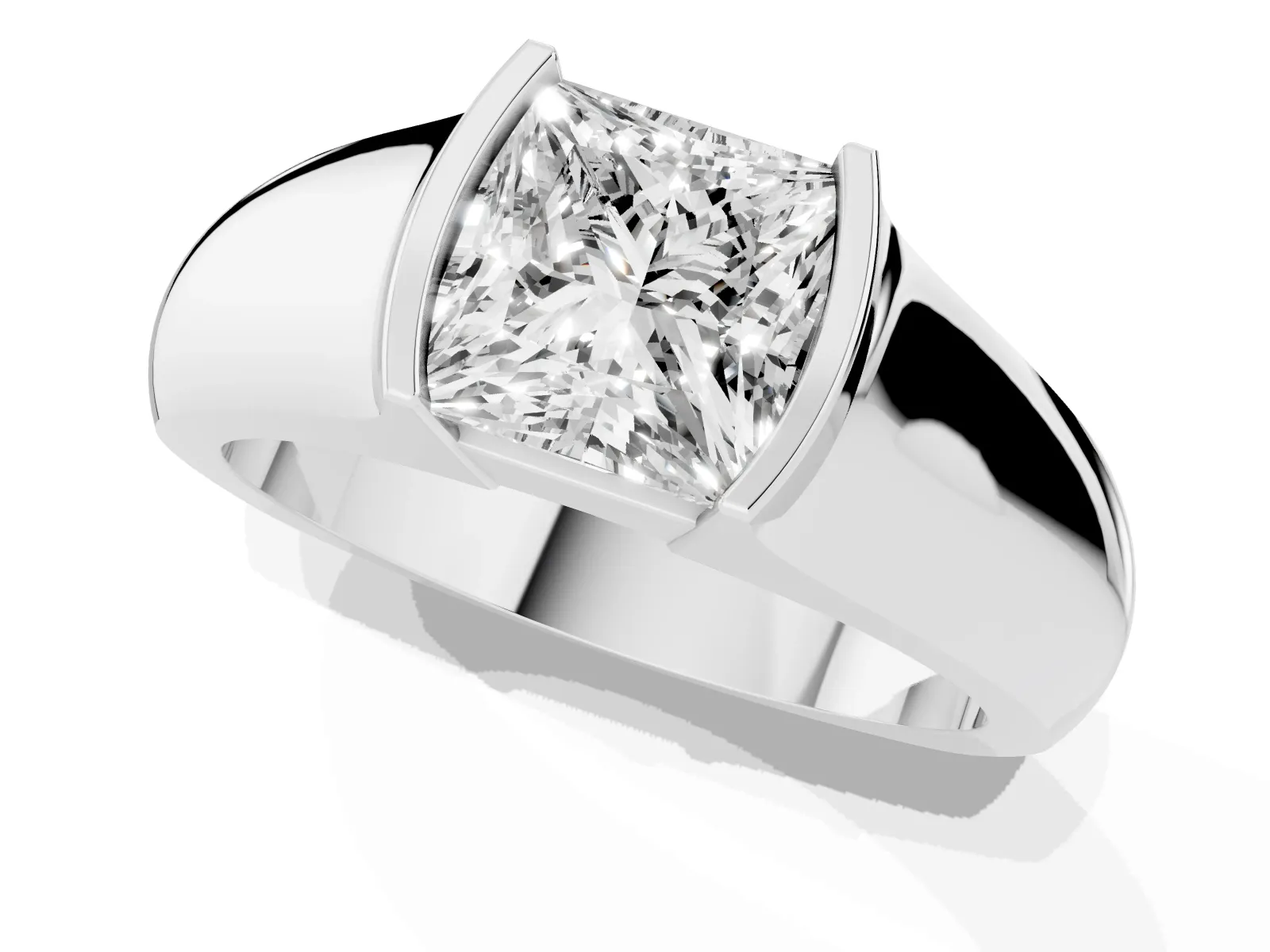 Princess Cut Solitaire Bezel Set Diamond Ring with Wide Band White gold