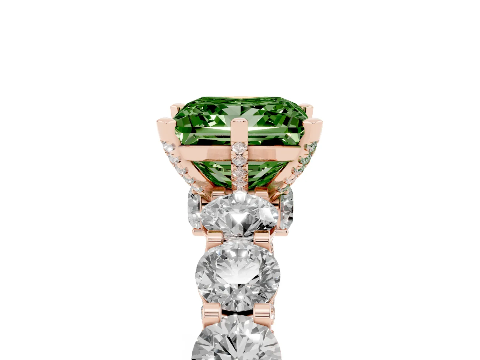 Fancy Green Princess Cut Diamond Side Stone Engagement Ring with Four-Prong Setting Rose gold