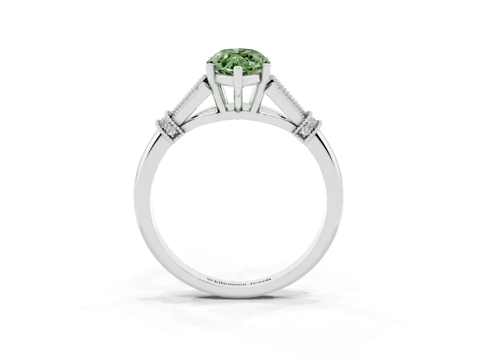 Fancy Green Marquise Cut Diamond Solitaire Ring with Floral Filigree and Pave Accents Platinum