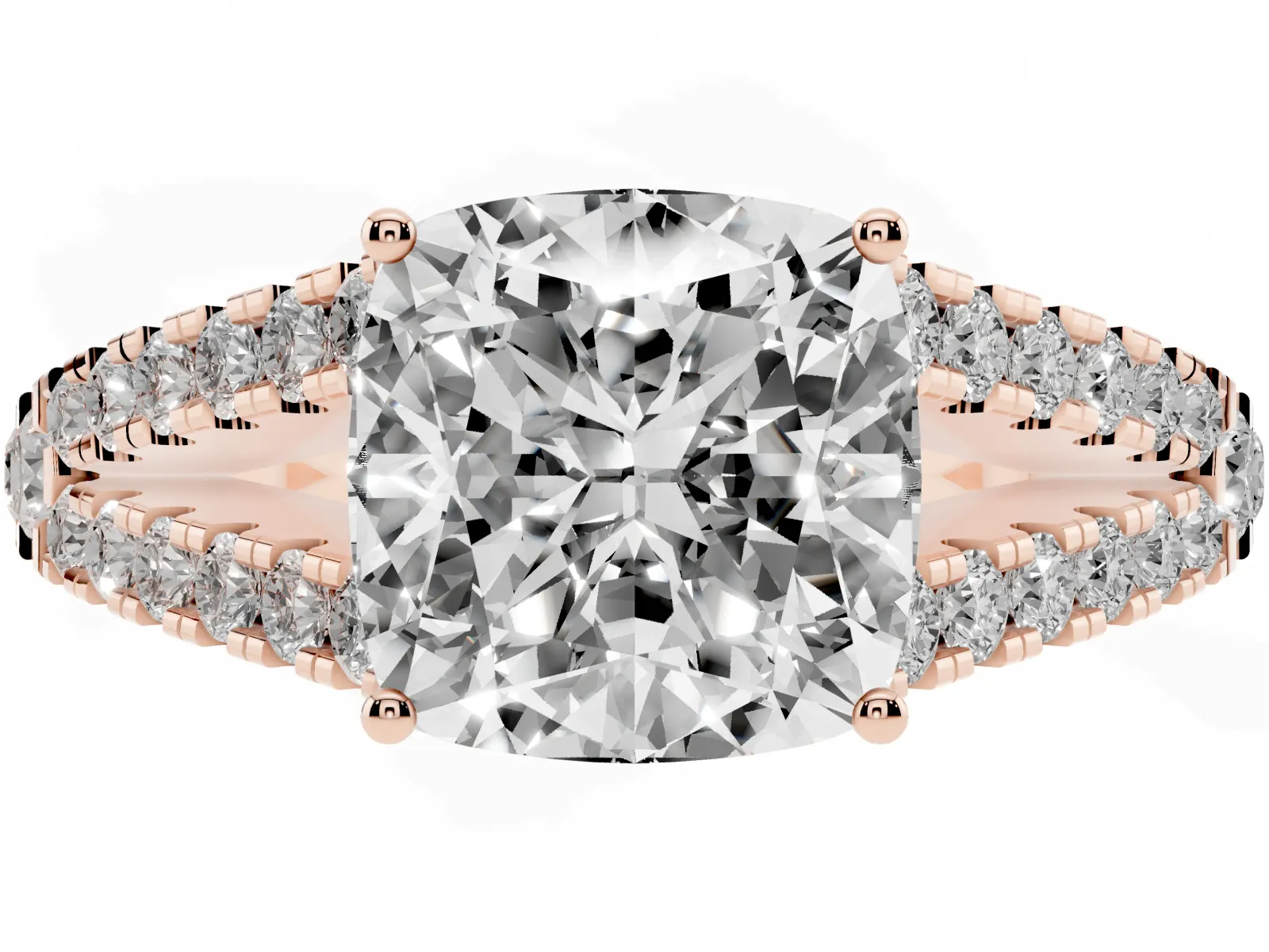 Cushion Cut Diamond Split Shank Engagement Ring with Round Pavé and Prong Setting Rose gold