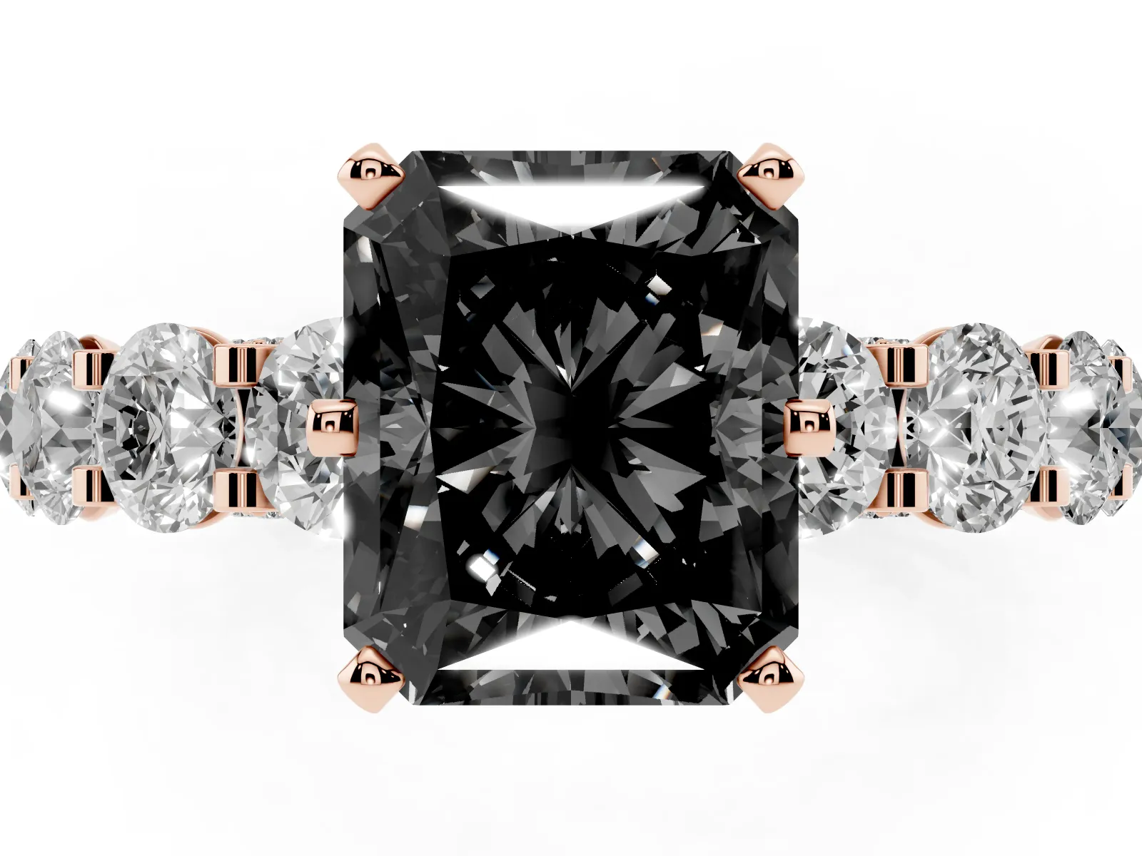 Fancy Black Radiant Cut Diamond Side Stone Engagement Ring with Four-Prong Setting Rose gold