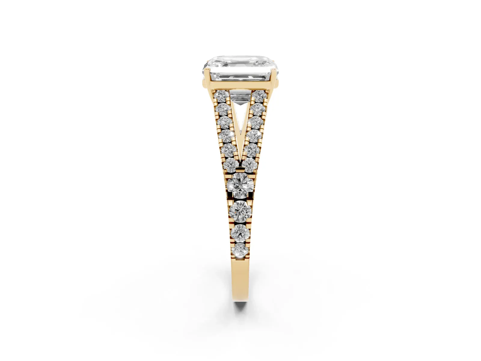 Asscher Cut Diamond Split Shank Engagement Ring with Round Pavé and Prong Setting Yellow gold