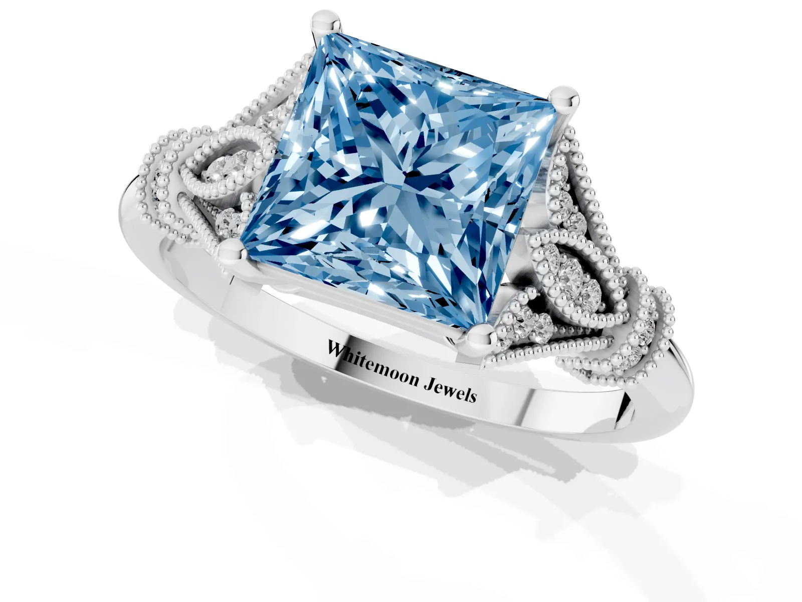 Fancy Blue Princess Cut Diamond Solitaire Ring with Floral Filigree and Pave Accents Platinum