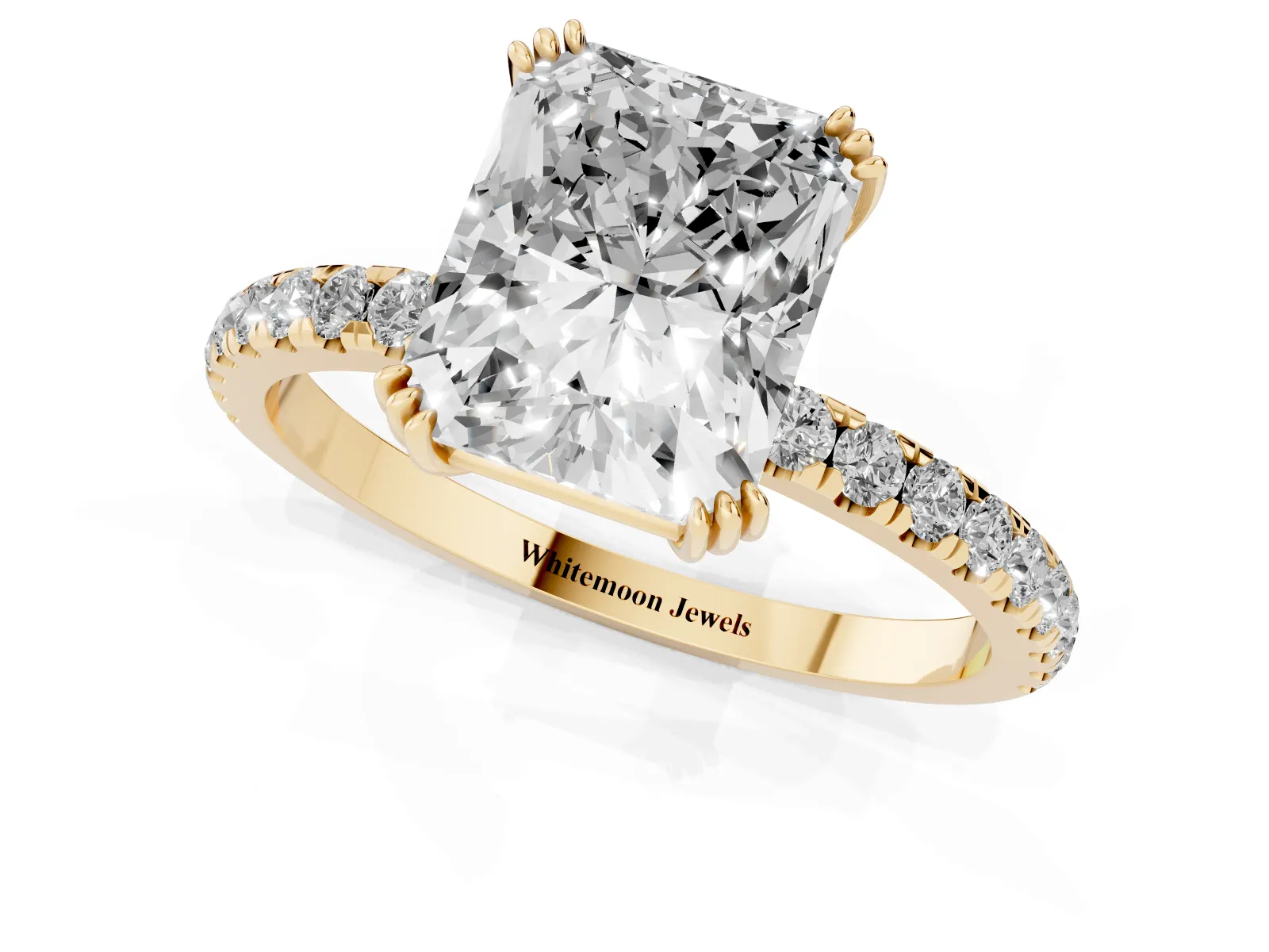 Radiant Cut Brilliant Solitaire with Pavé Band and Claw Prong Setting Yellow gold