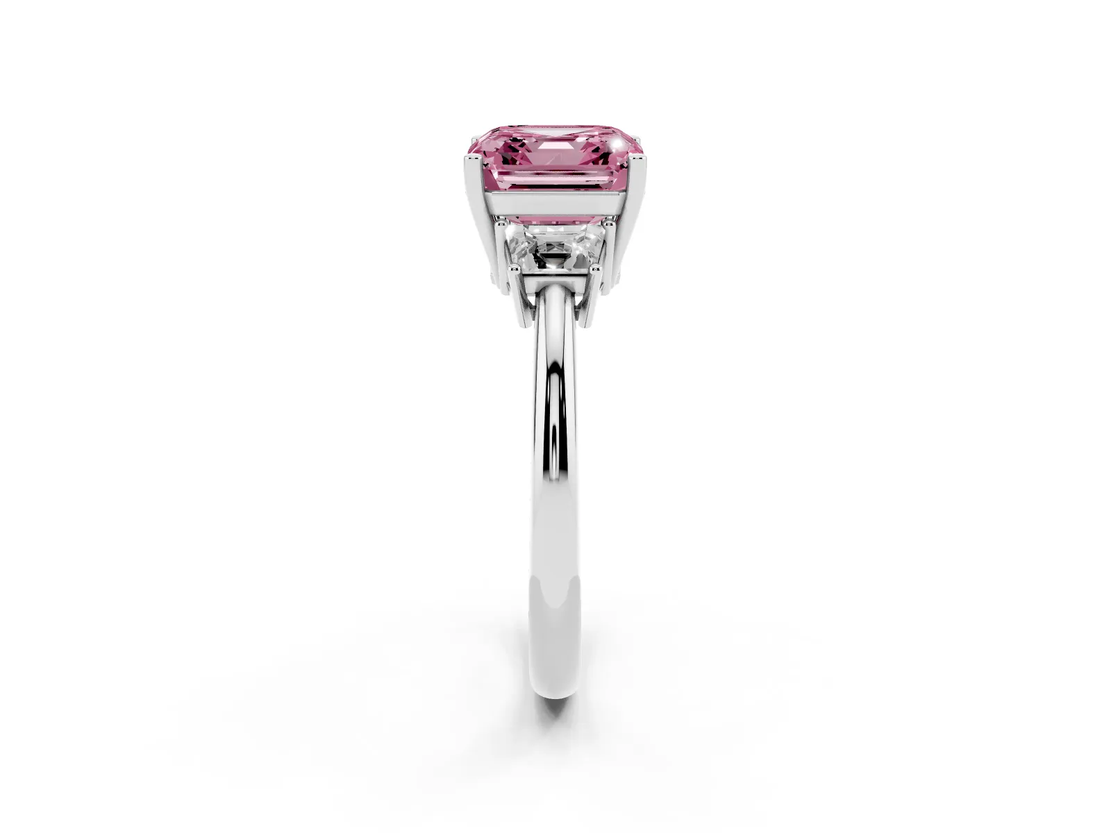 Fancy Pink Asscher Cut Diamond Three-Stone Ring with Trapezoid Side Stones and Prong Setting White gold