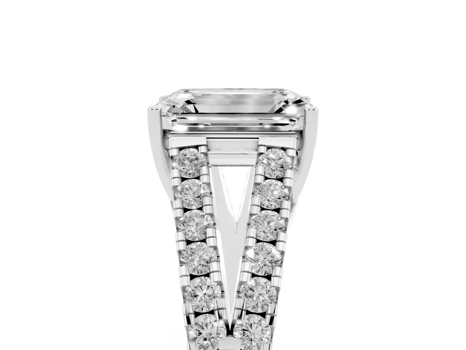 Emerald Cut Diamond Split Shank Engagement Ring with Round Pavé and Prong Setting White gold