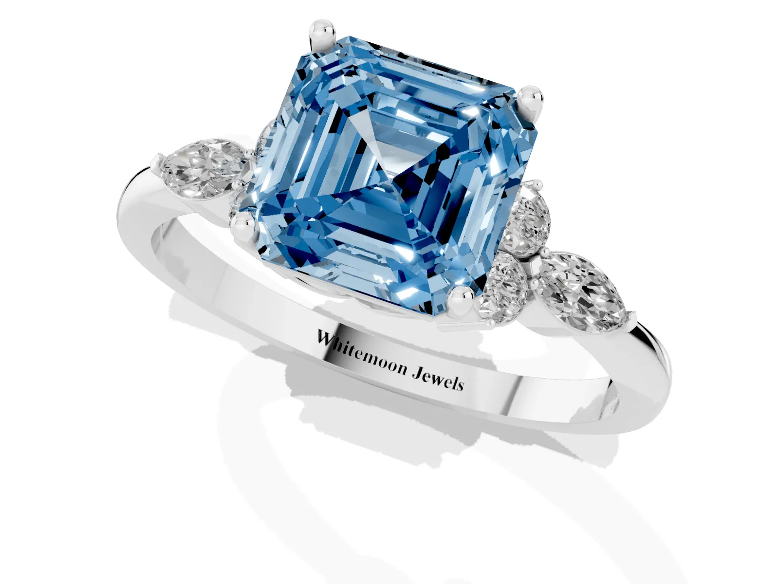 Fancy Blue Asscher Cut Brilliant Diamond Solitaire Ring with Pear Side Stones and Four-Prong Setting Platinum
