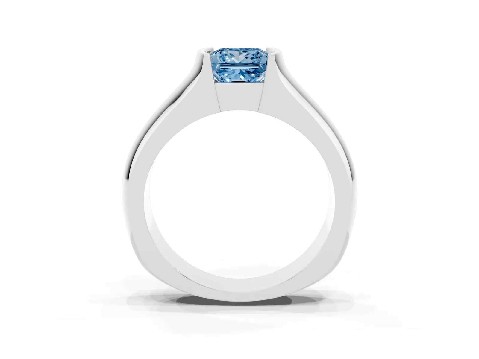 Fancy Blue Princess Cut Solitaire Bezel Set Diamond Ring with Wide Band White gold