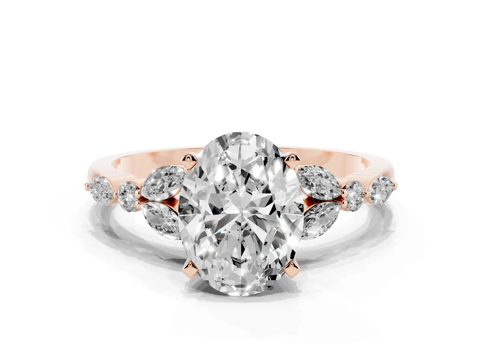 Oval Cut Diamond Solitaire Ring with Side Stones and Four-Prong Setting Rose gold