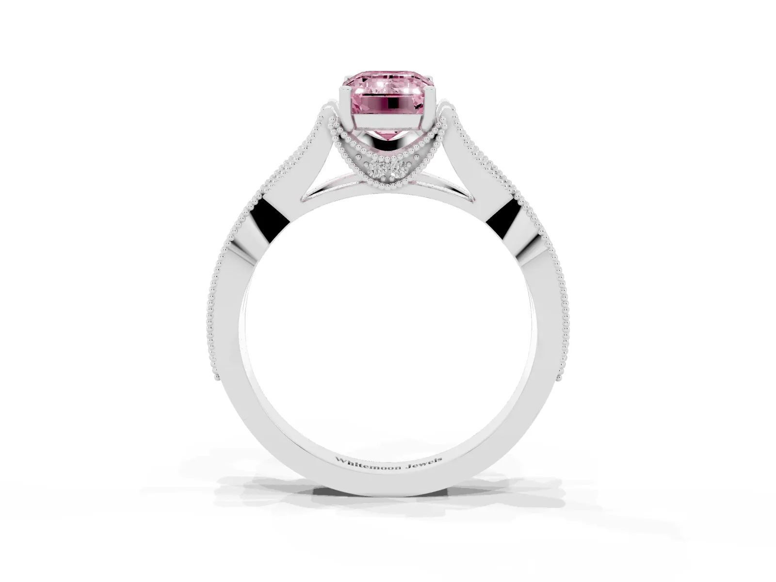 Fancy Pink Emerald Cut Cut Diamond Twisted Band with Milgrain Pave Setting and Four-Prong Setting Platinum