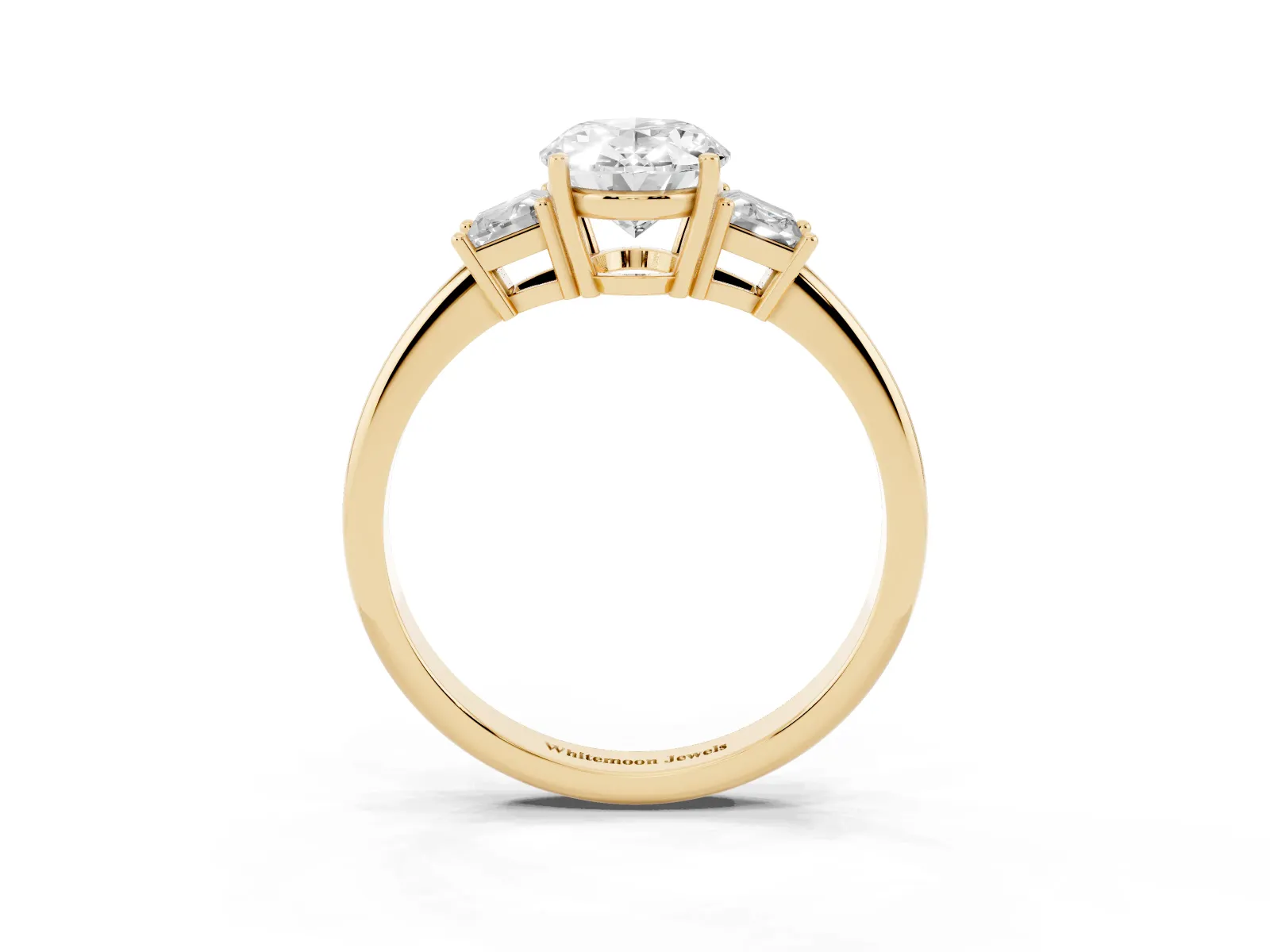Oval Cut Diamond Three-Stone Ring with Trapezoid Side Stones and Prong Setting Yellow gold