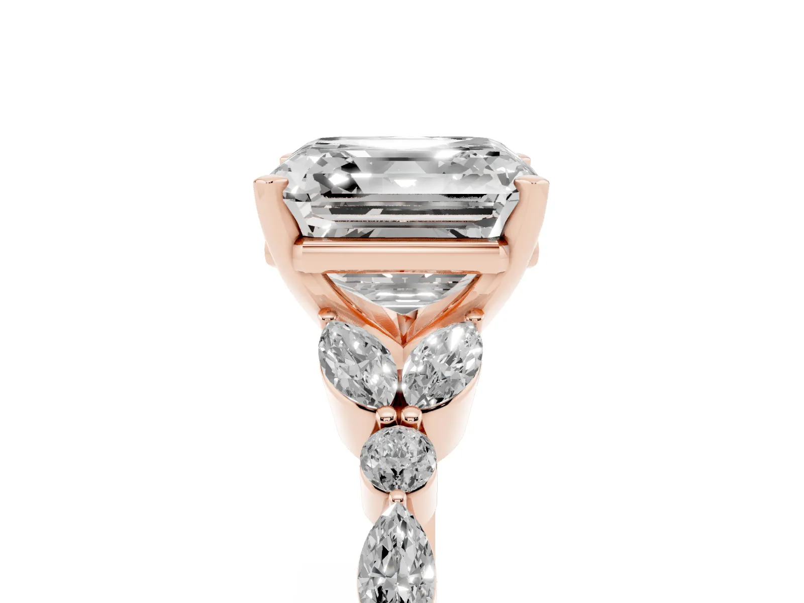 Asscher Cut Diamond Solitaire Ring with Side Stones and Four-Prong Setting Rose gold