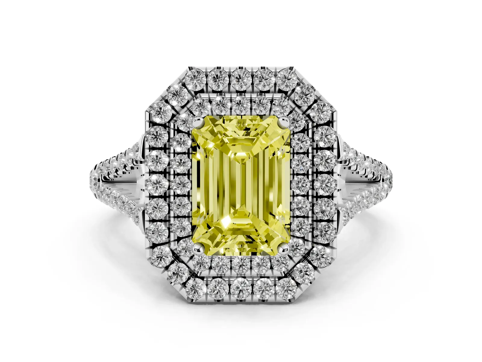 Fancy Yellow Emerald Cut Diamond Double Halo Ring with Pavé Band and Prong Setting Platinum