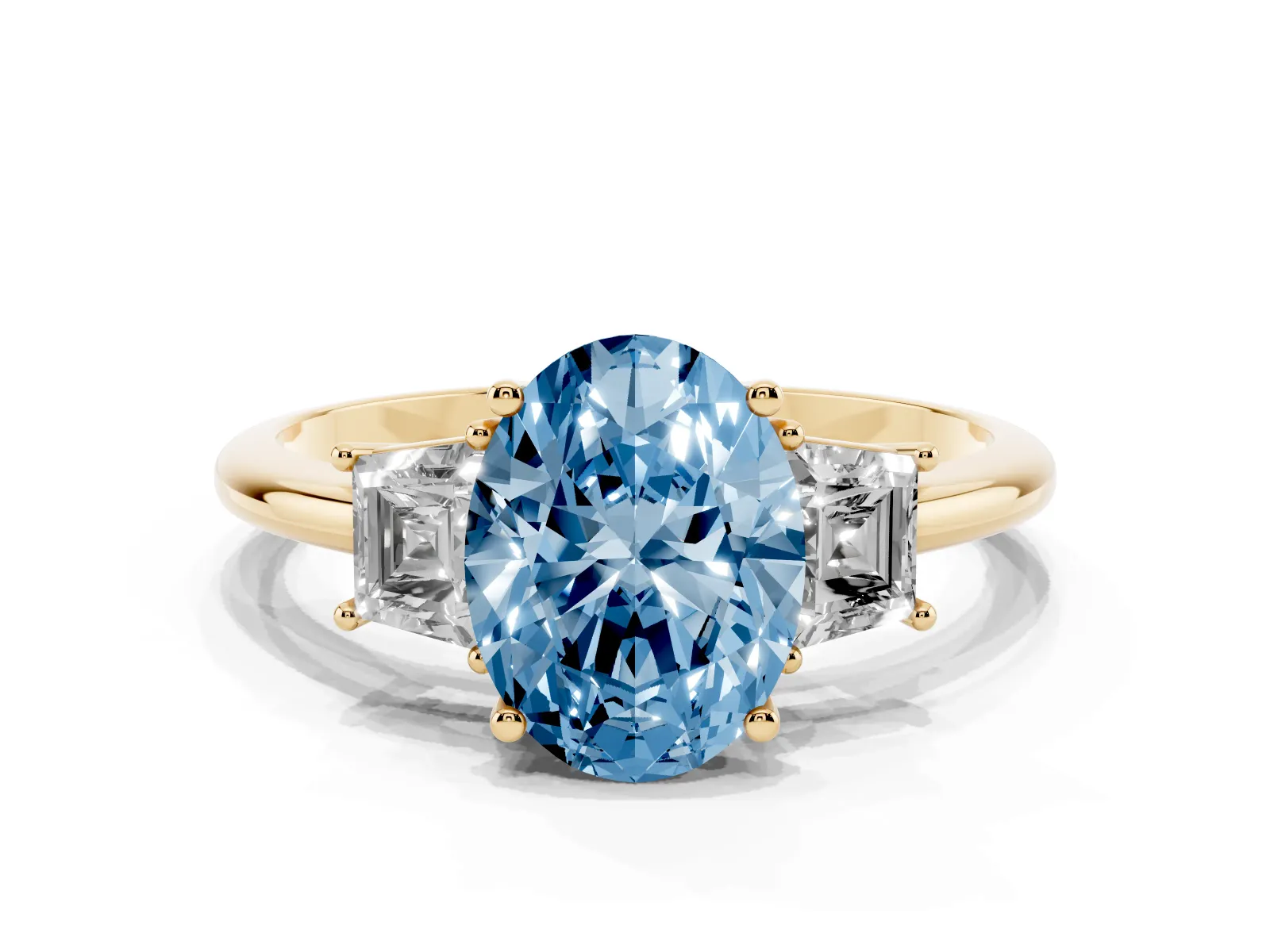 Fancy Blue Oval Cut Diamond Three-Stone Ring with Trapezoid Side Stones and Prong Setting Yellow gold