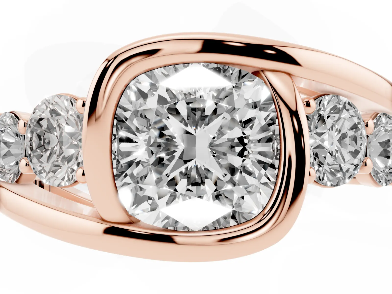 Bezel Set Cushion Cut Diamond Bypass Ring with Round Accents Rose gold