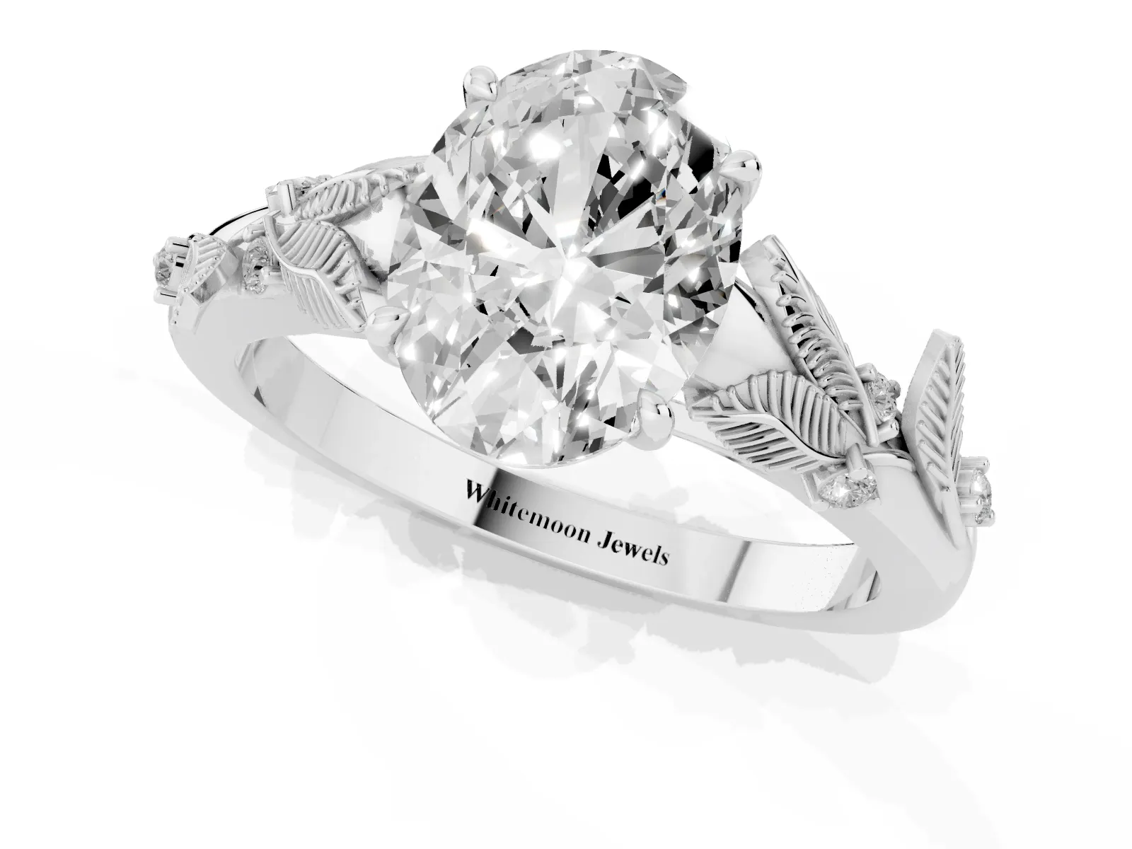 Oval Cut Diamond Solitaire Ring with Leaf Motif Band and Four-Prong Setting Platinum