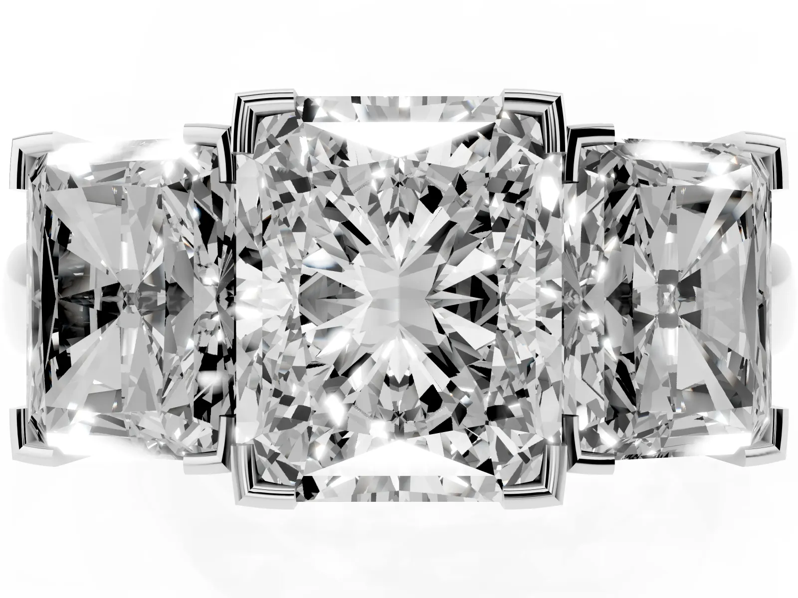 Three-Stone Radiant Cut Cut Diamond Ring with Channel Set Band and Four-Prong Setting Platinum