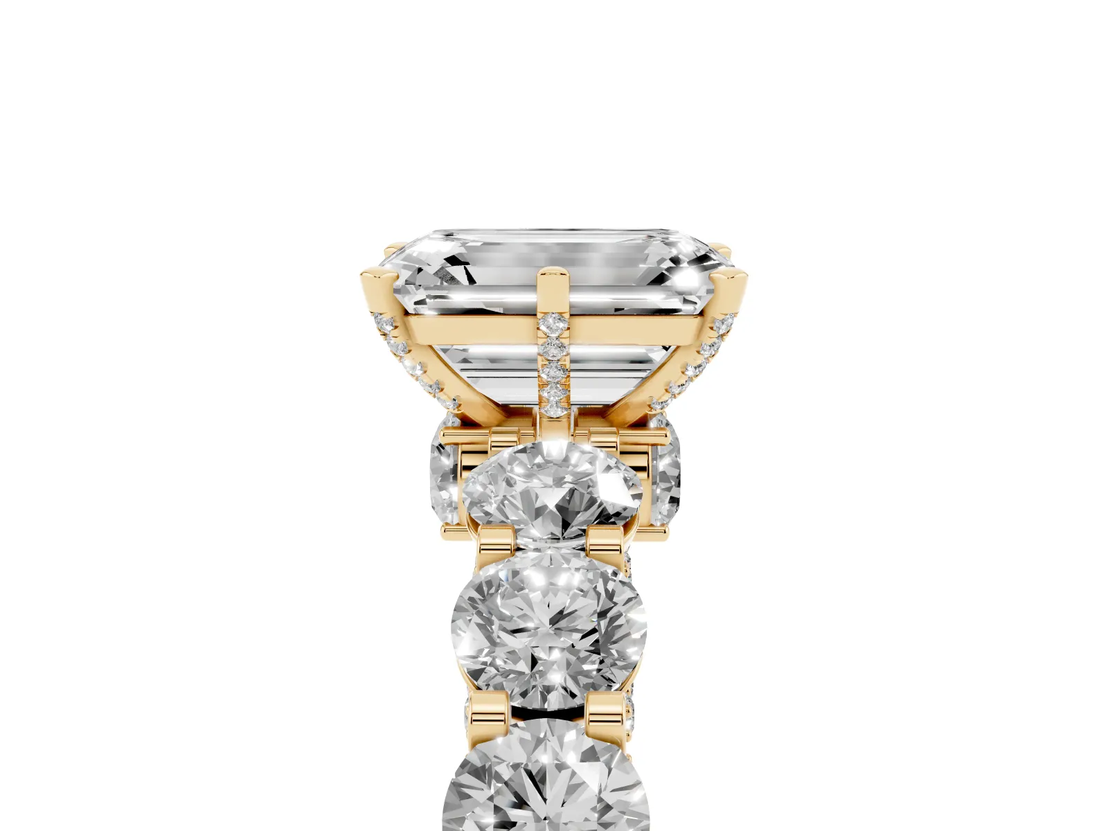 Emerald Cut Diamond Side Stone Engagement Ring with Four-Prong Setting Yellow gold