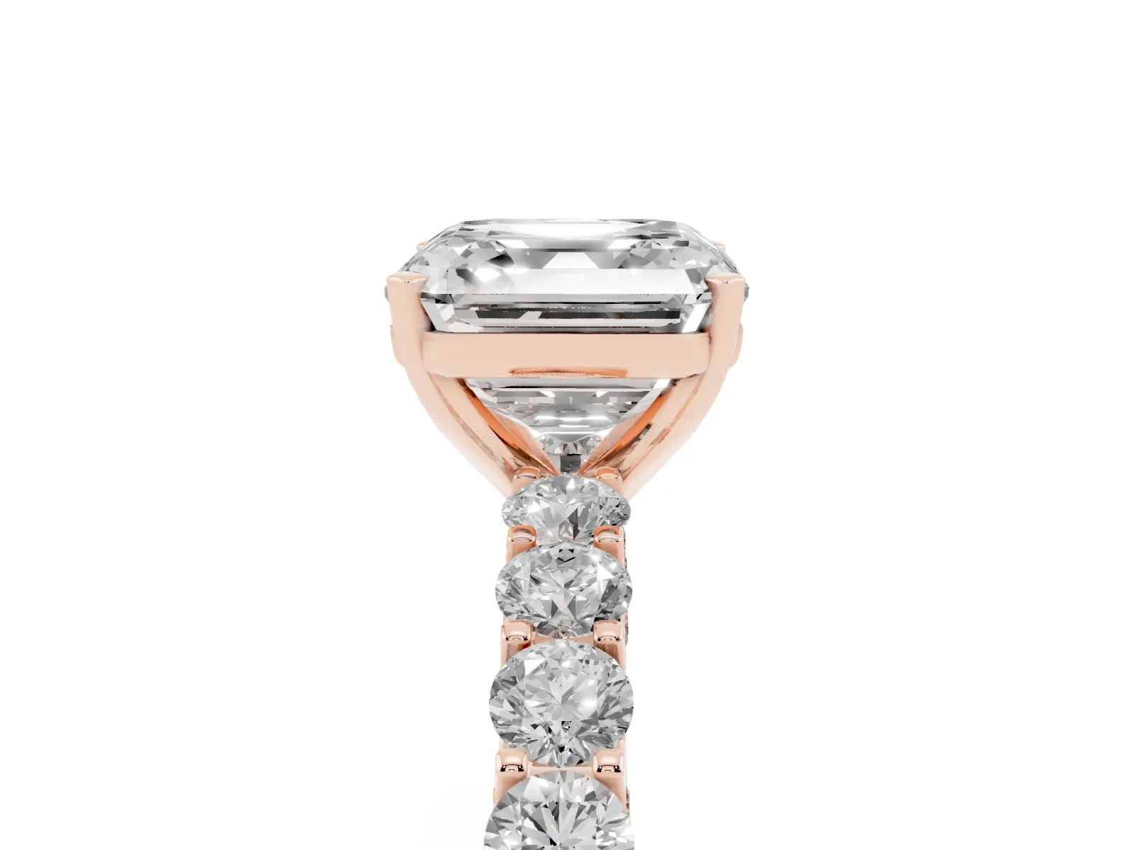 Asscher Cut Diamond Solitaire Ring with Shared Prong Pavé Band and Four-Prong Setting Rose gold