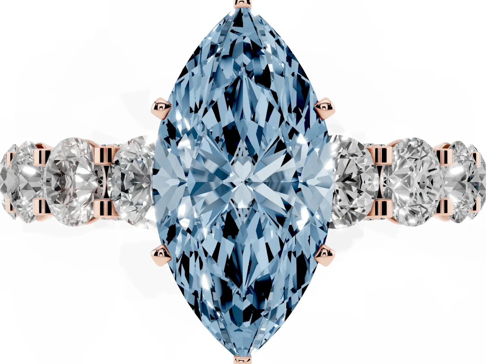 Fancy Blue Marquise Cut Diamond Side Stone Engagement Ring with Four-Prong Setting Rose gold