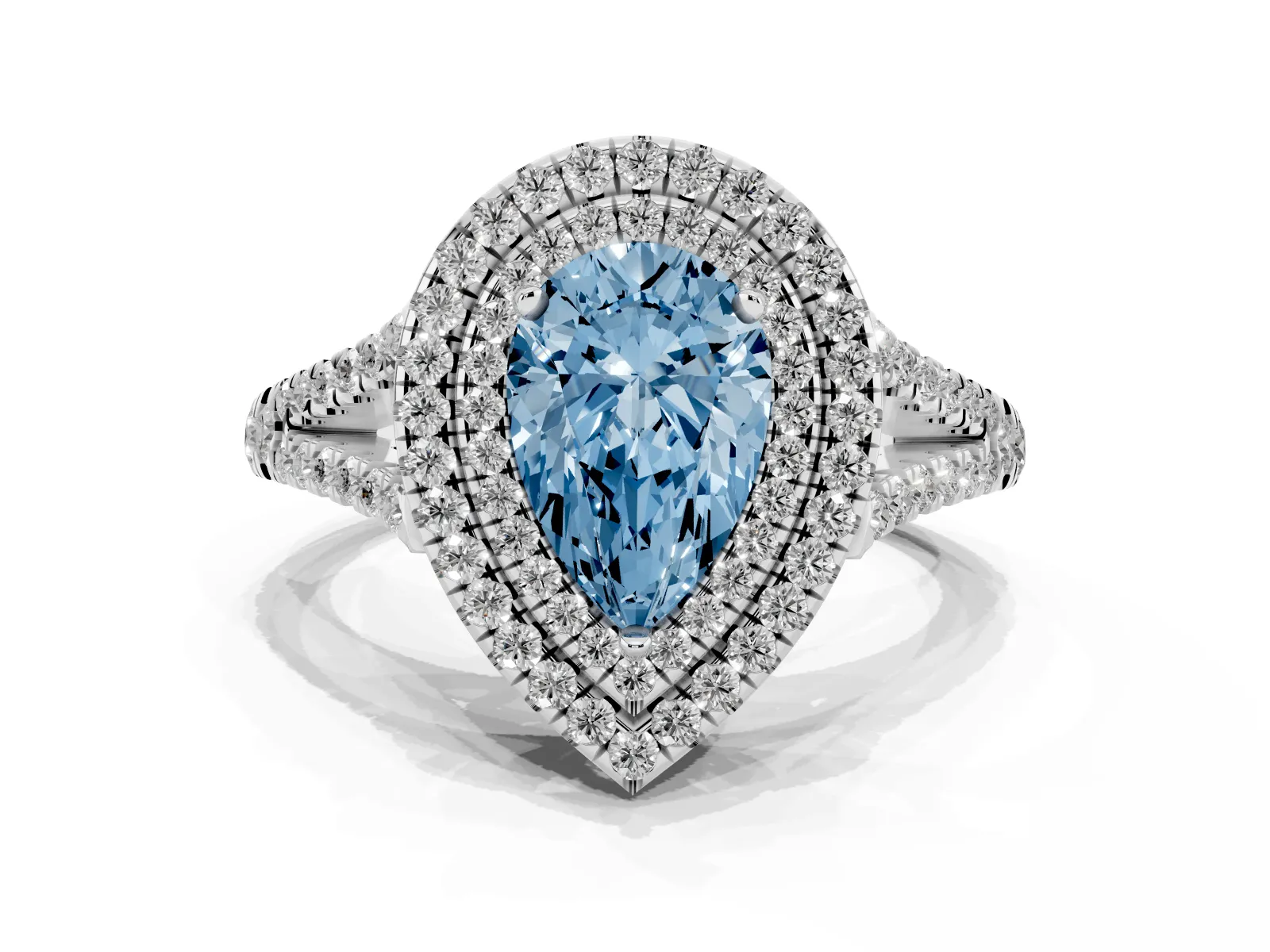 Fancy Blue Pear Cut Diamond Double Halo Ring with Pavé Band and Prong Setting Platinum