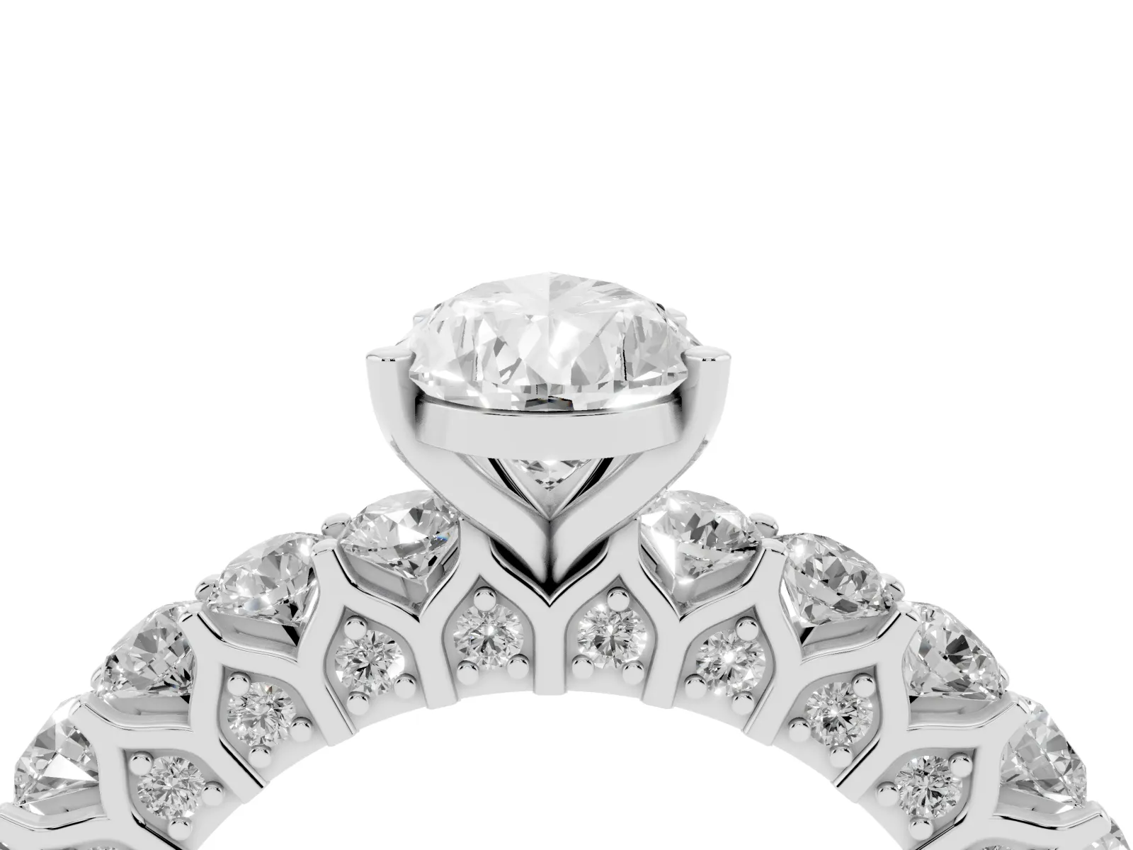 Pear Cut Diamond Solitaire Ring with Shared Prong Pavé Band and Four-Prong Setting White gold