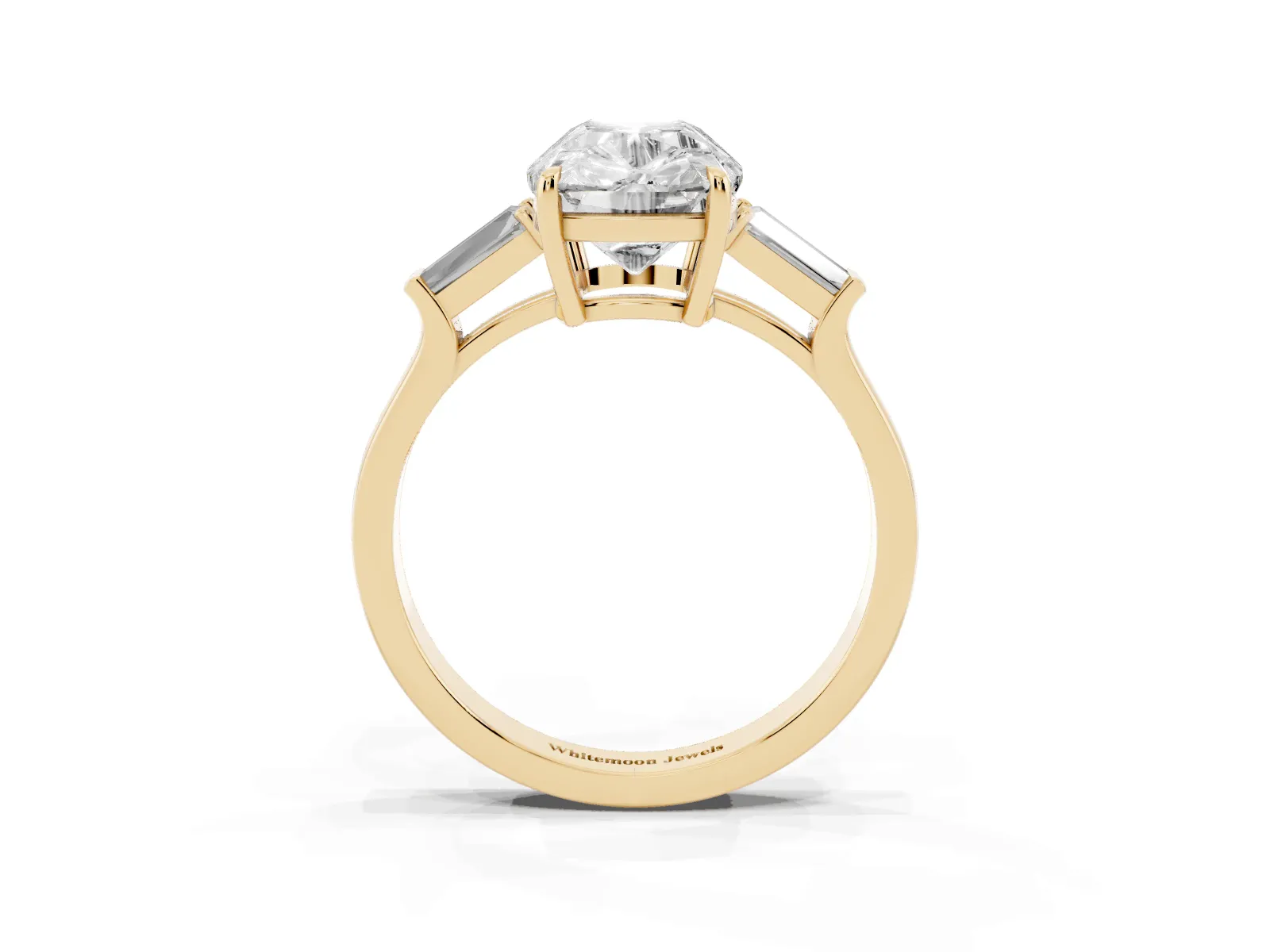 Old Mine Elongated Cushion Diamond with Side Tapered Baguette Three Stone Ring Yellow gold