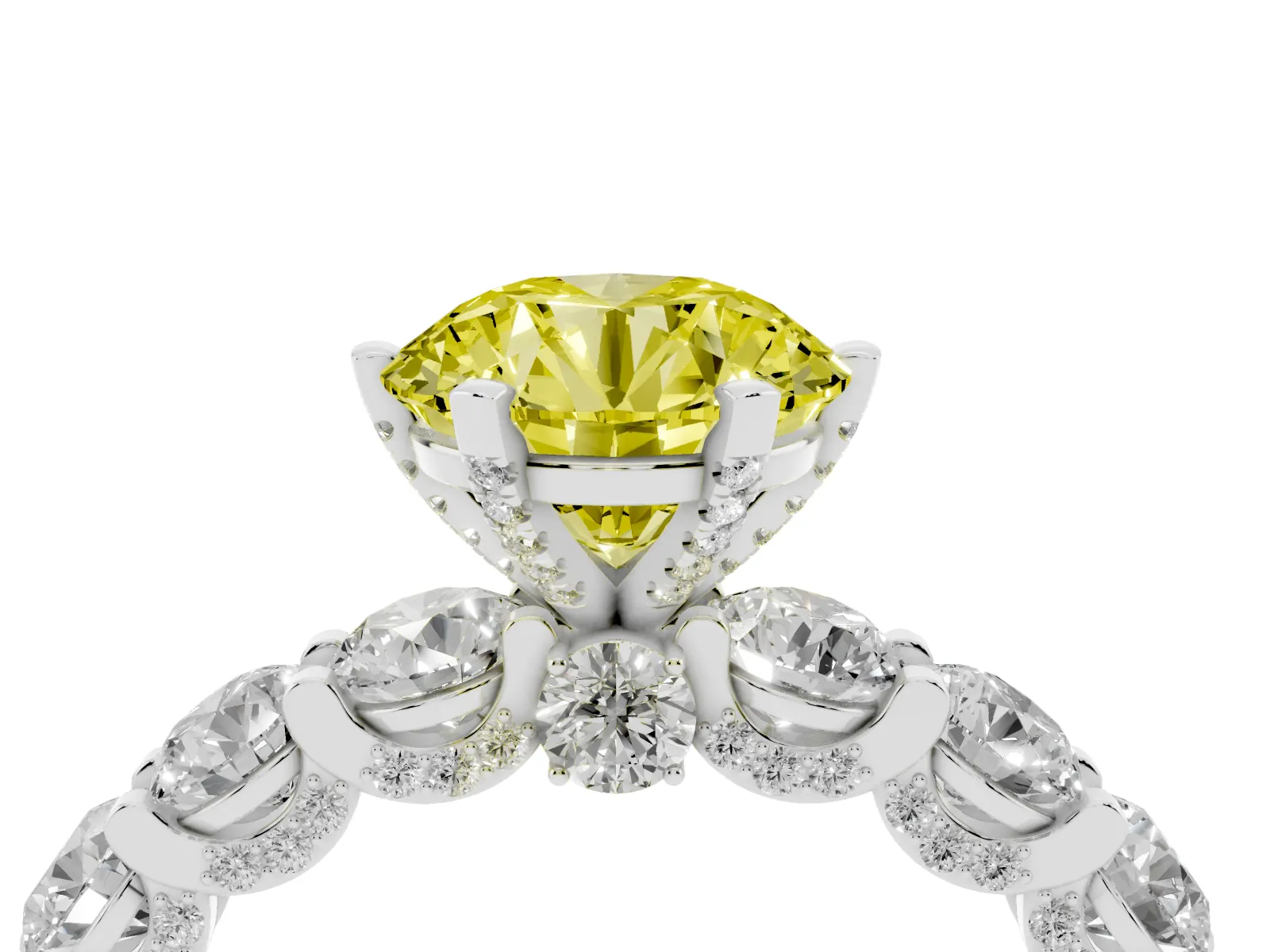 Fancy Yellow Round Cut Diamond Side Stone Engagement Ring with Four-Prong Setting White gold
