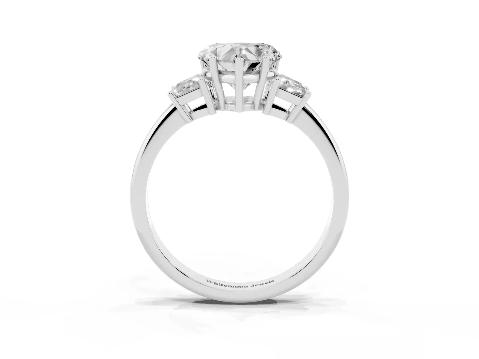 Heart Cut Diamond Three-Stone Ring with Trapezoid Side Stones and Prong Setting White gold