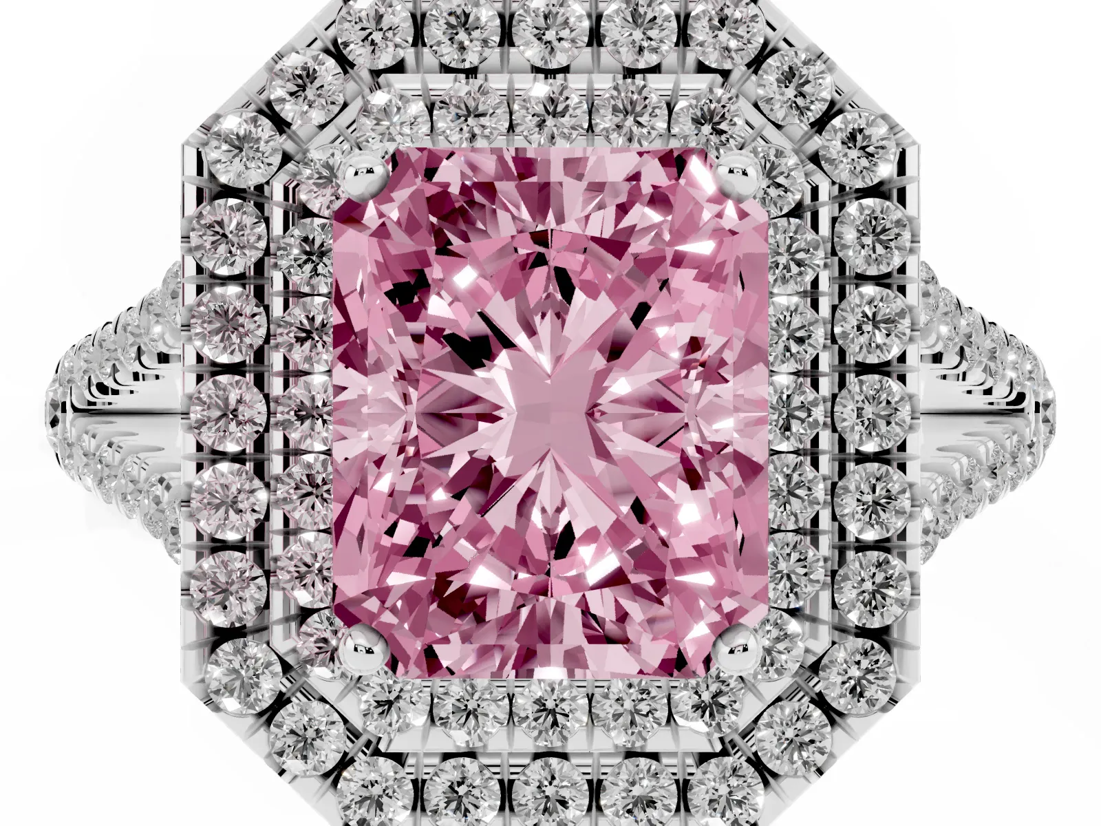 Fancy Pink Radiant Cut Diamond Double Halo Ring with Pavé Band and Prong Setting Platinum