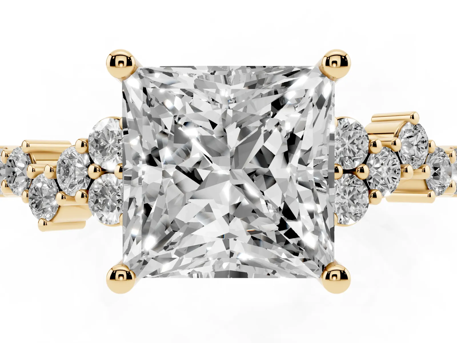 Princess Cut Diamond Scattered Round Accent Ring with Prong Setting Yellow gold