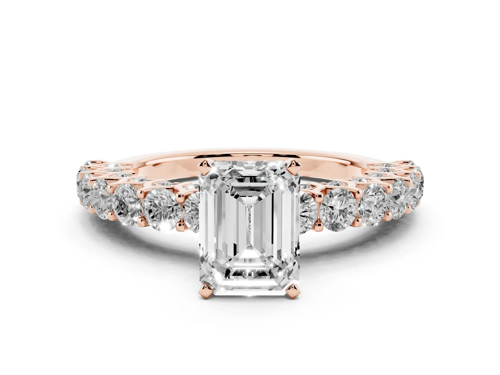 Emerald Cut Diamond Solitaire Ring with Shared Prong Pavé Band and Four-Prong Setting Rose gold