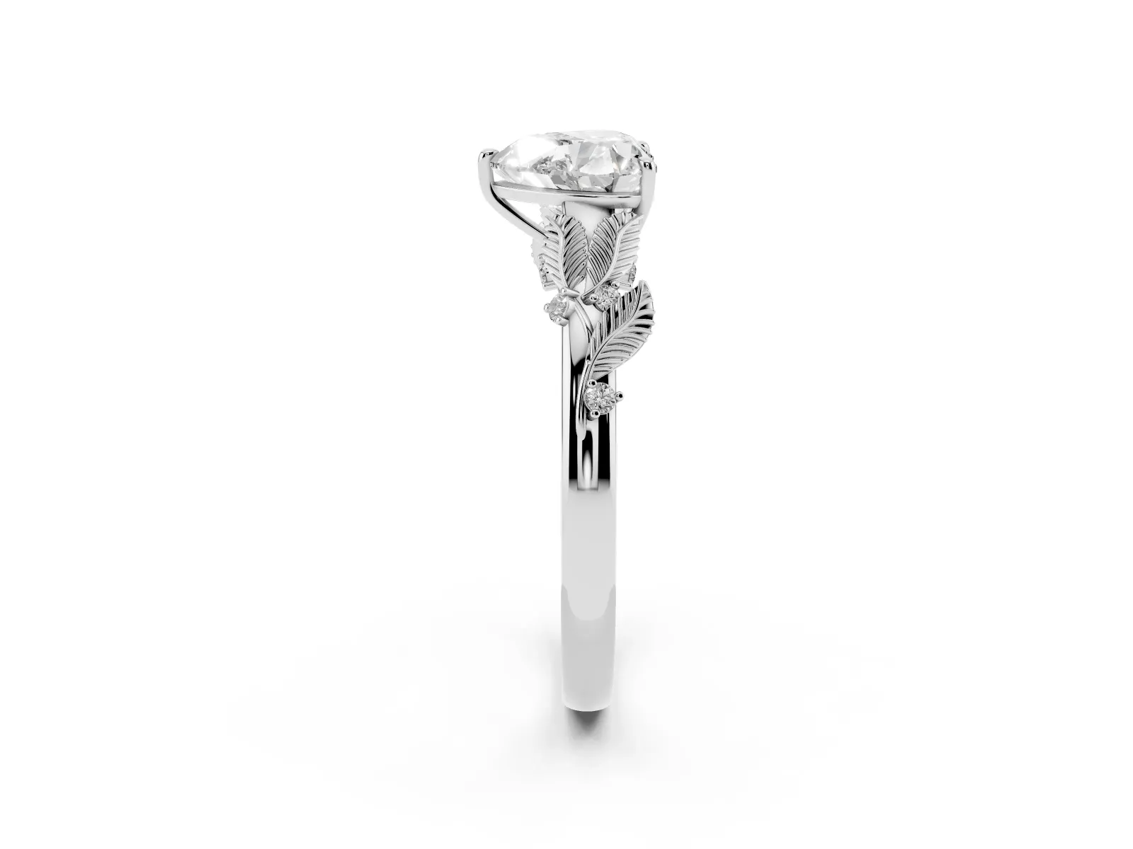 Heart Cut Diamond Solitaire Ring with Leaf Motif Band and Four-Prong Setting Platinum