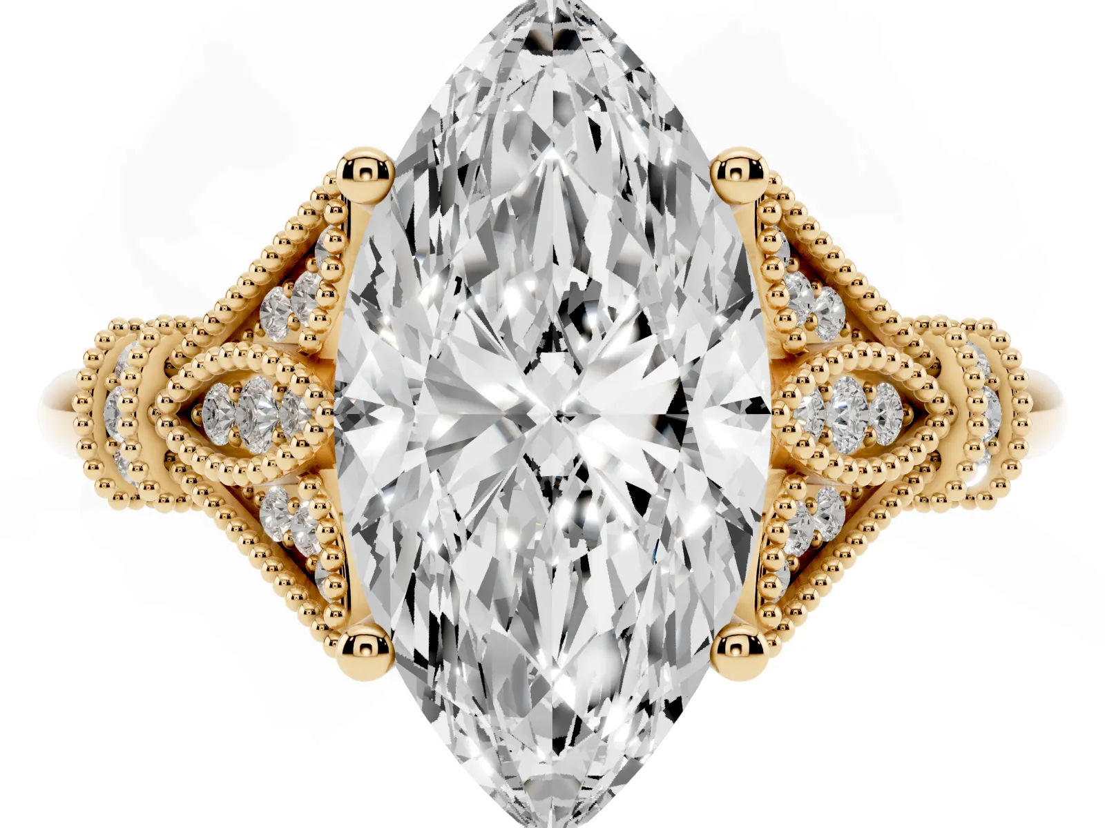 Marquise Cut Diamond Solitaire Ring with Floral Filigree and Pave Accents Yellow gold