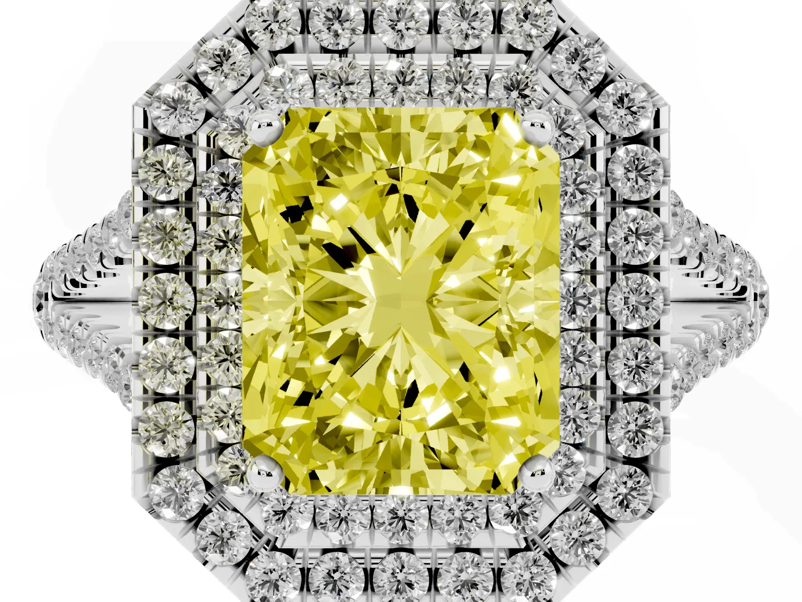 Fancy Yellow Radiant Cut Diamond Double Halo Ring with Pavé Band and Prong Setting Platinum