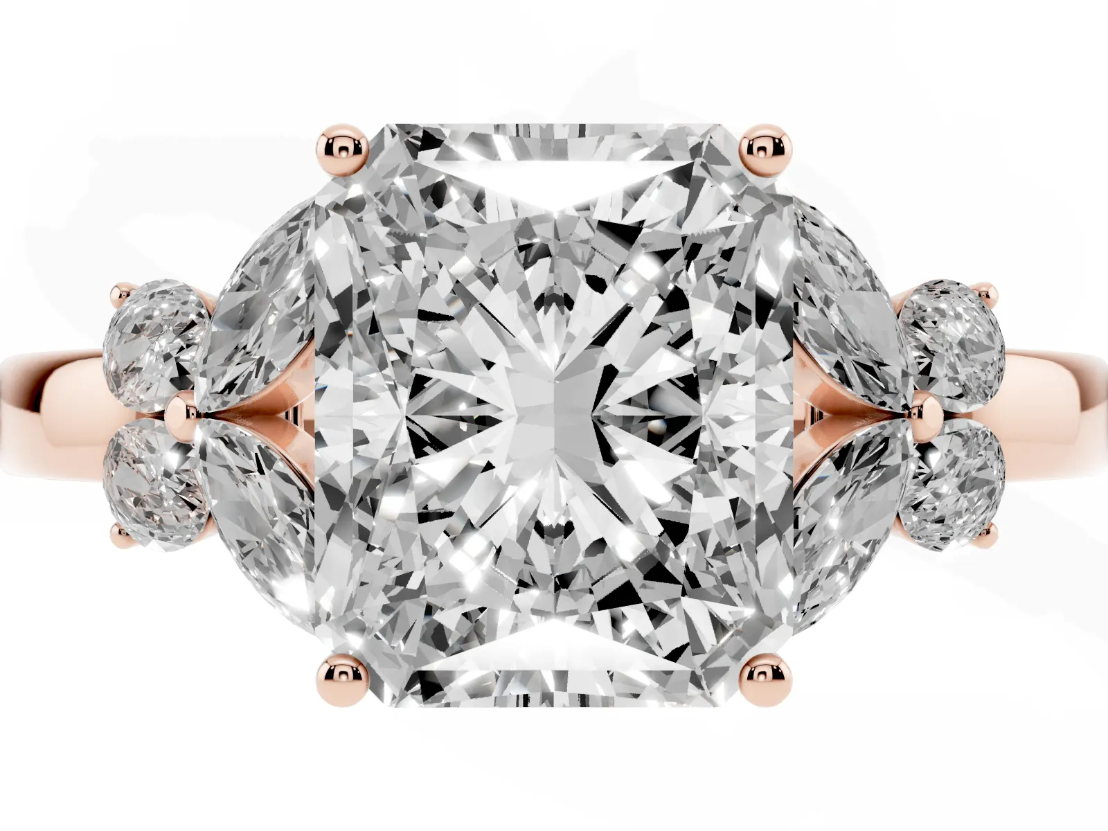 Radiant Cut Cut Solitaire Floral Diamond Ring with Four-Prong Setting Rose gold