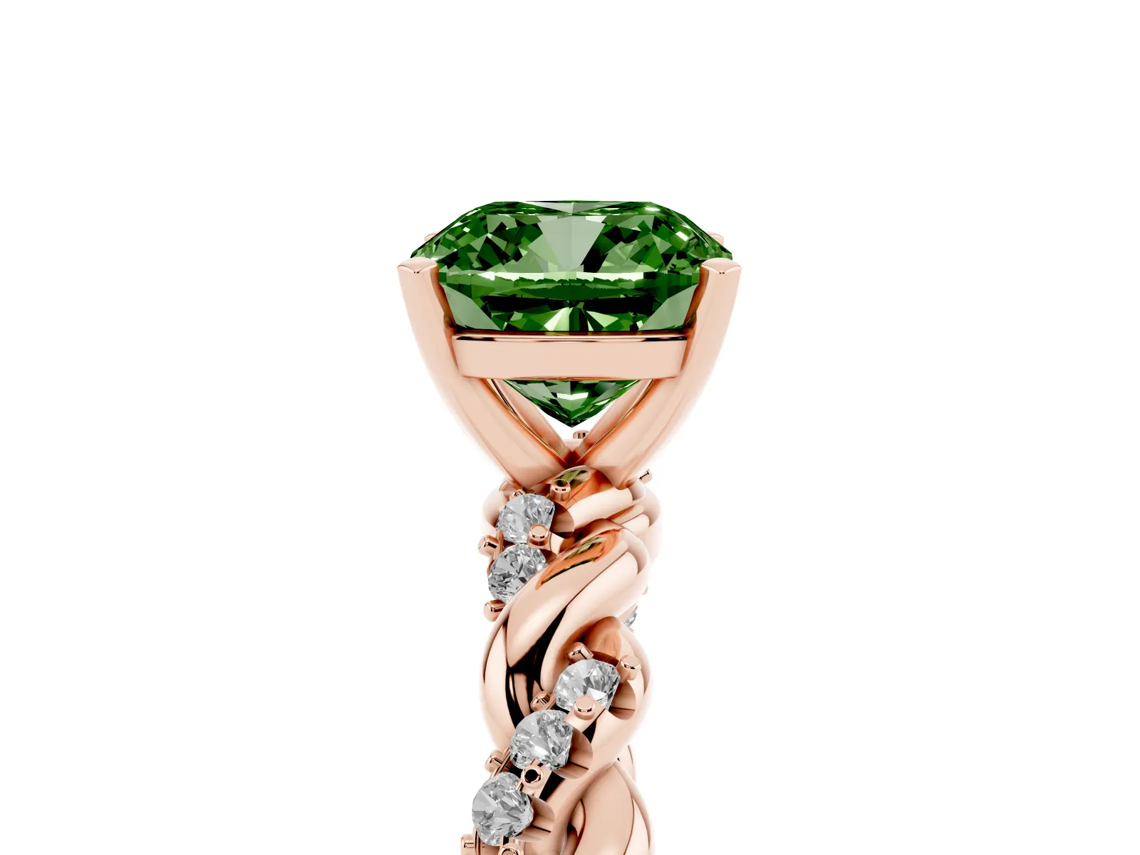 Fancy Green Cushion Cut Diamond Solitaire Ring with Twisted Band and Pavé Accents Rose gold