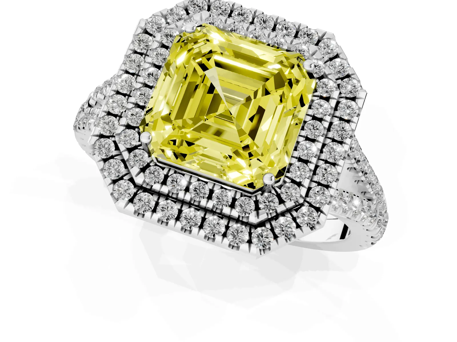 Fancy Yellow Asscher Cut Diamond Double Halo Ring with Pavé Band and Prong Setting Platinum