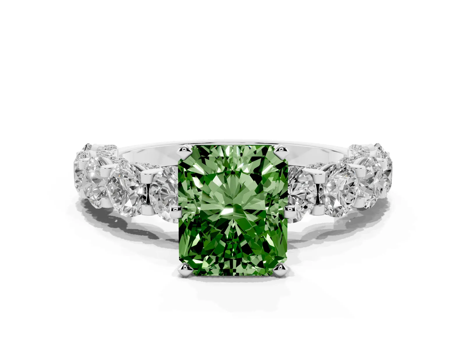 Fancy Green Radiant Cut Diamond Side Stone Engagement Ring with Four-Prong Setting Platinum
