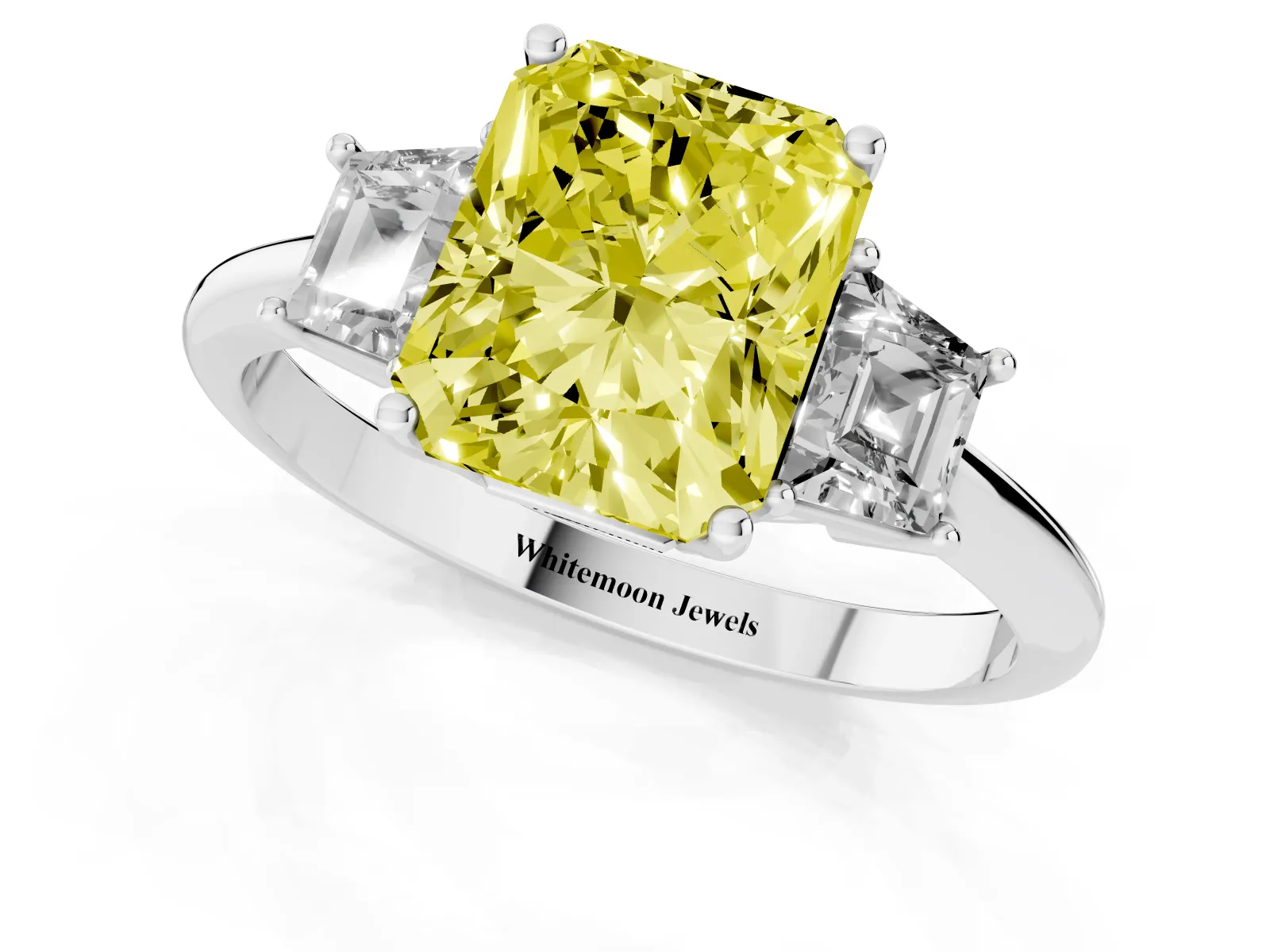 Fancy Yellow Radiant Cut Diamond Three-Stone Ring with Trapezoid Side Stones and Prong Setting Platinum