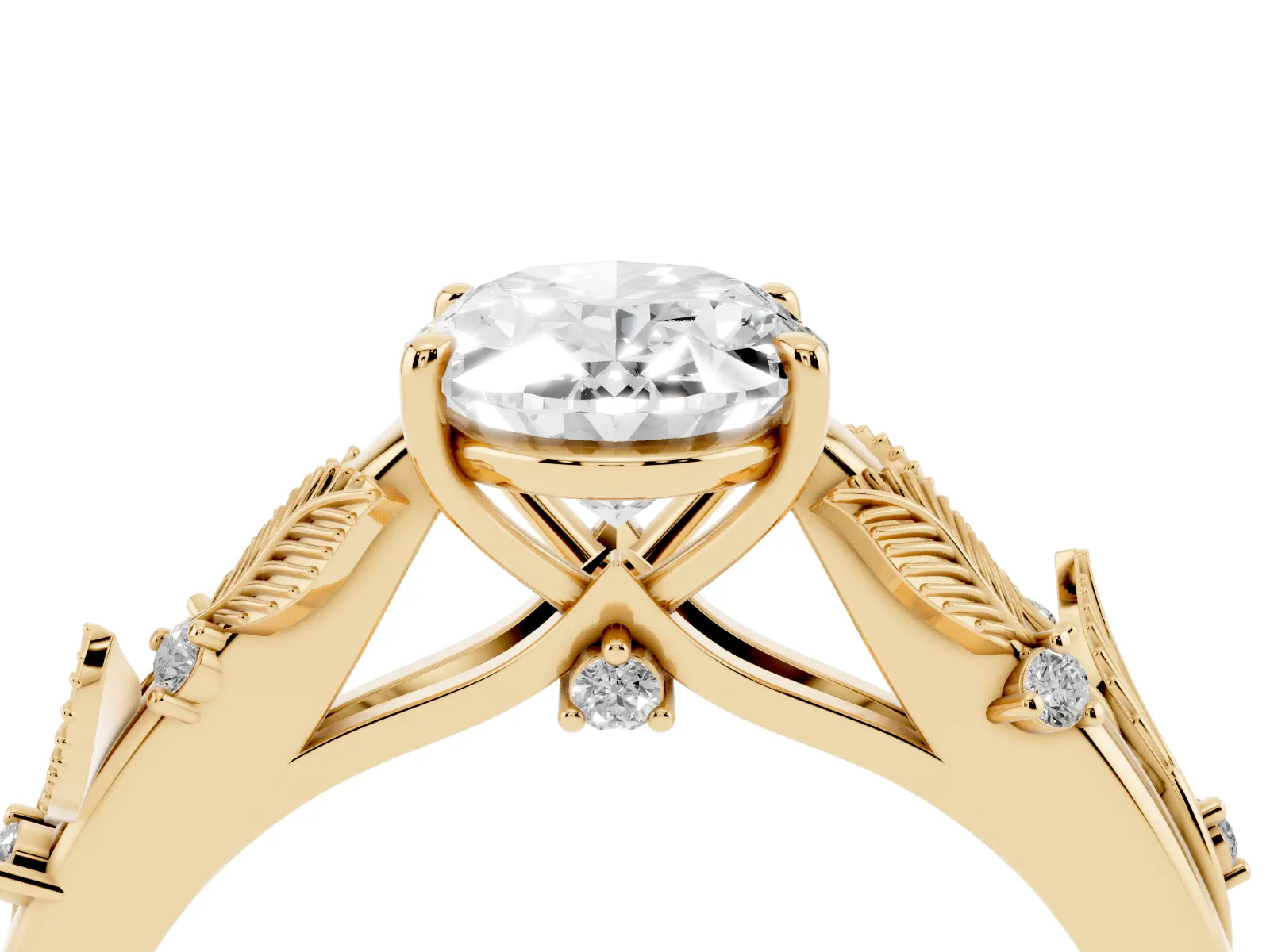 Oval Cut Diamond Solitaire Ring with Leaf Motif Band and Four-Prong Setting Yellow gold
